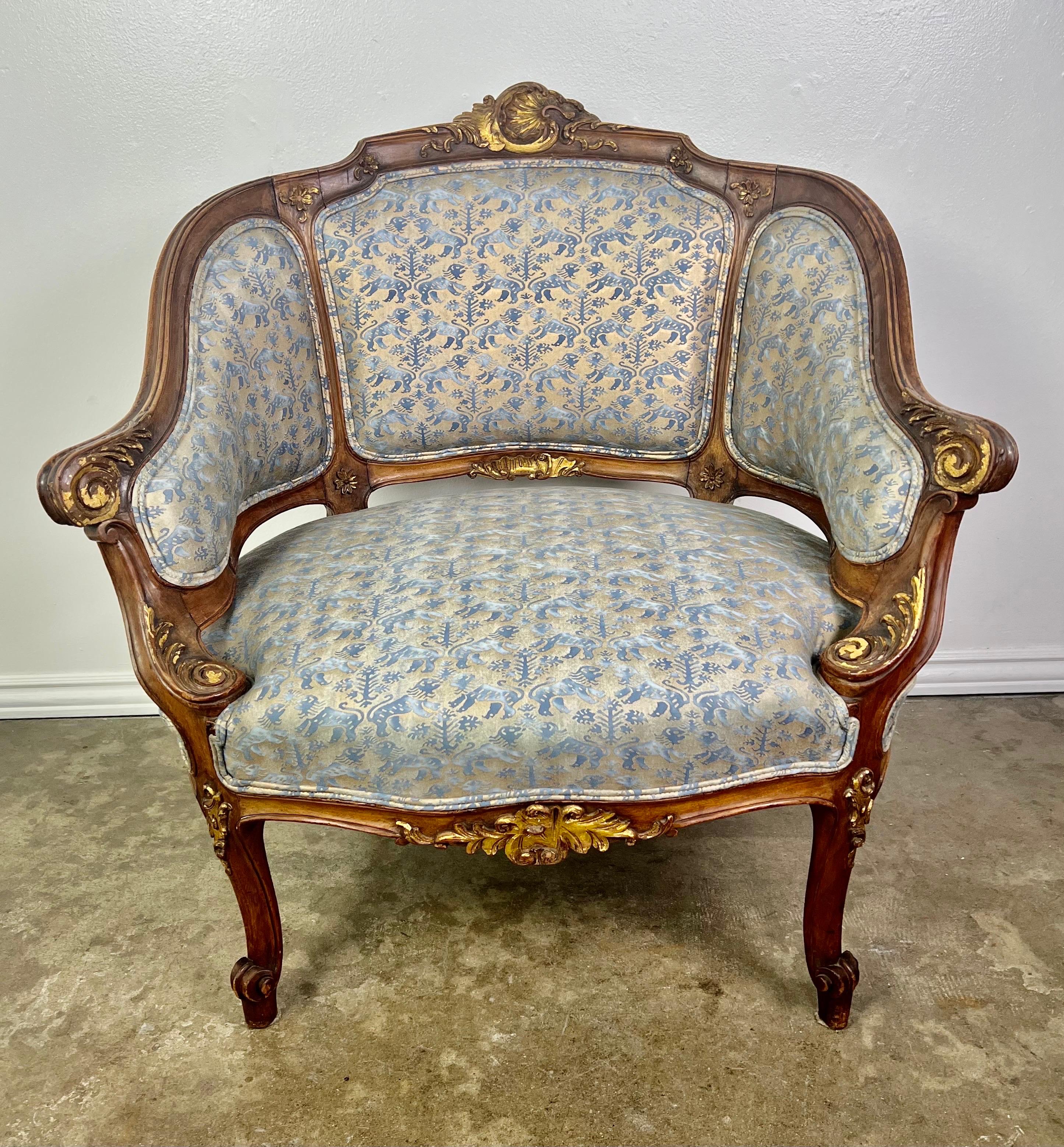 Gold Leaf French Armchair with Fortuny Fabric, 19th Century
