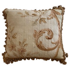 19th C. French Aubusson Tapestry Square Pillow with Foliage and Petite Tassels