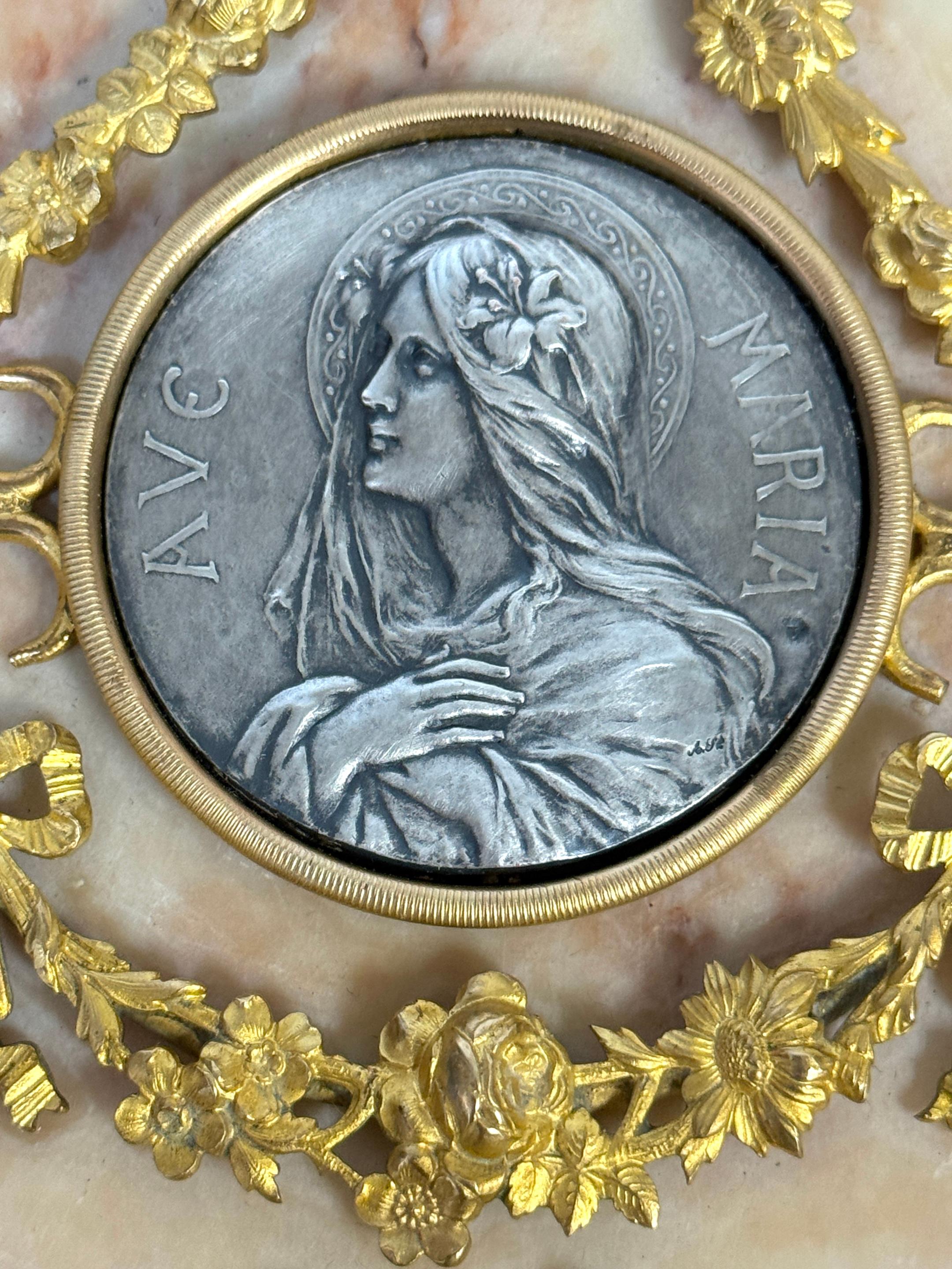 Silvered 19th C. French 'Ave Maria'  Bénitier / Holy Water Font, Devotional Reliquary For Sale
