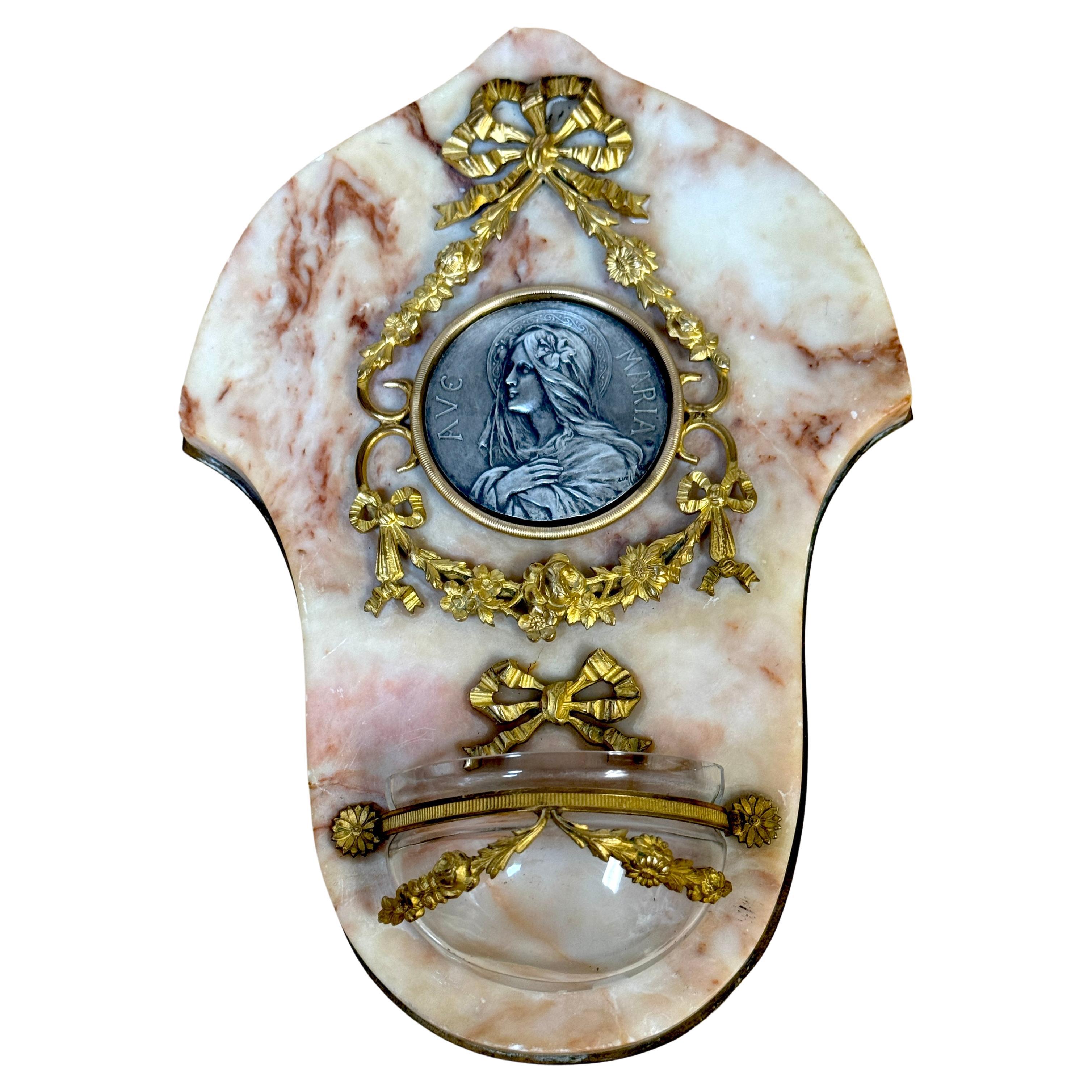 19th C. French 'Ave Maria'  Bénitier / Holy Water Font, Devotional Reliquary