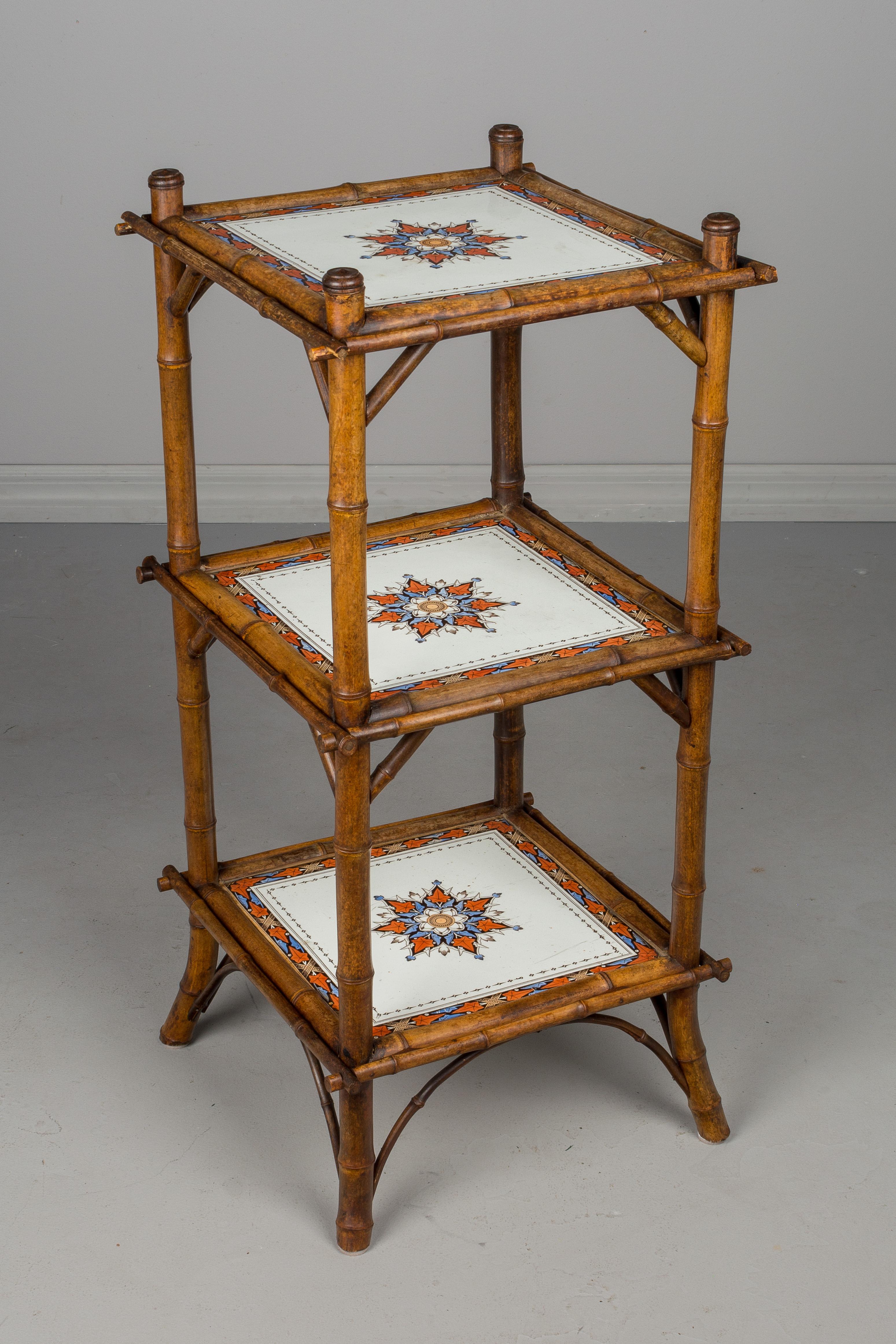 French Provincial 19th Century French Bamboo and Ceramic Tile Stand