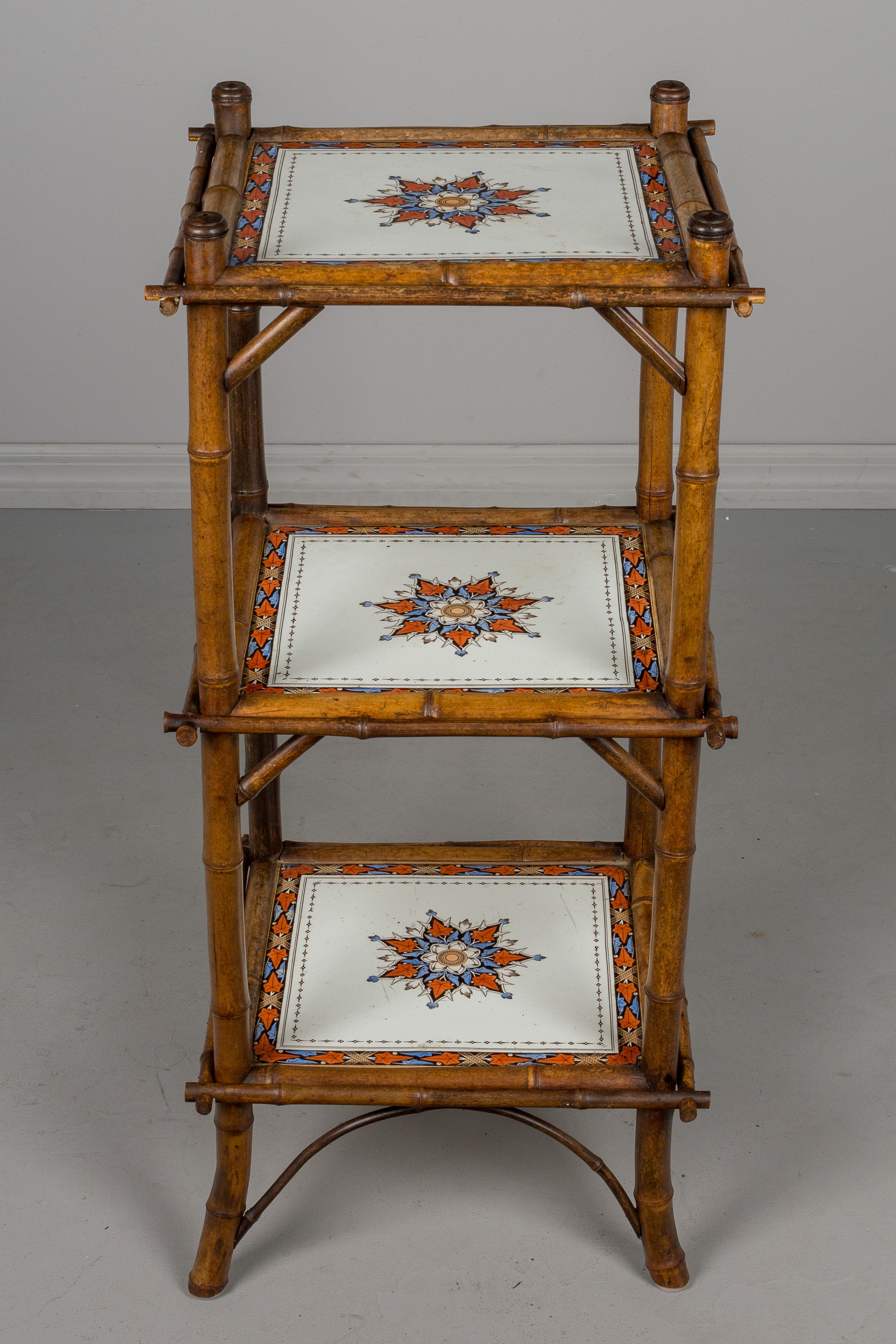 Hand-Crafted 19th Century French Bamboo and Ceramic Tile Stand