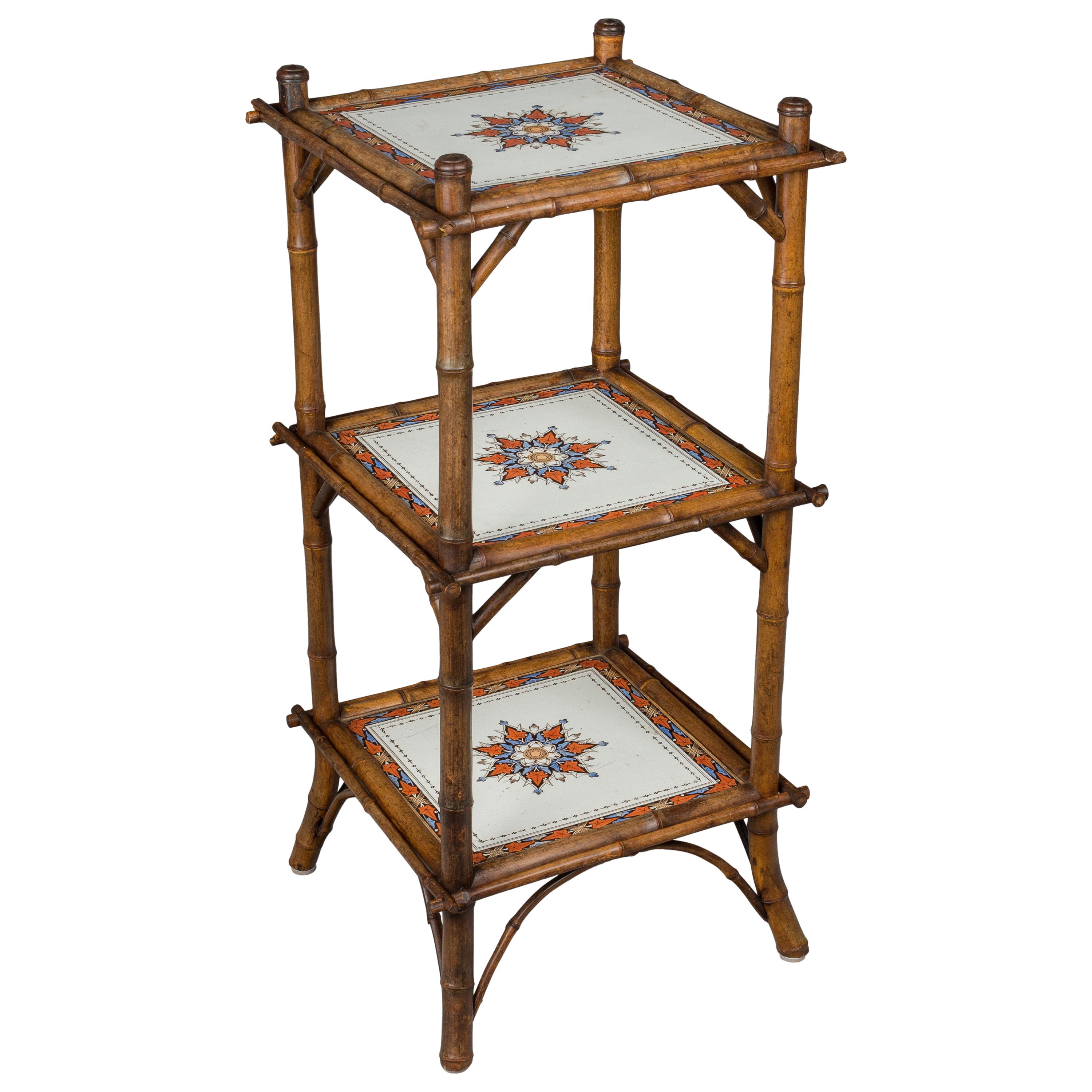 19th Century French Bamboo and Ceramic Tile Stand