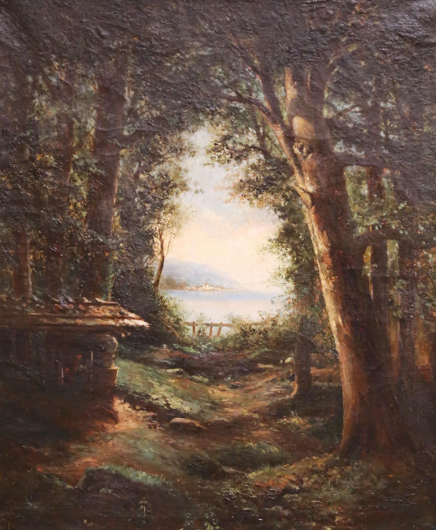 19. Jh. Französische Schule von Barbizon Öl auf Leinwand Landschaft in Giltwood Rahmen Signiert (Geschnitzt) im Angebot