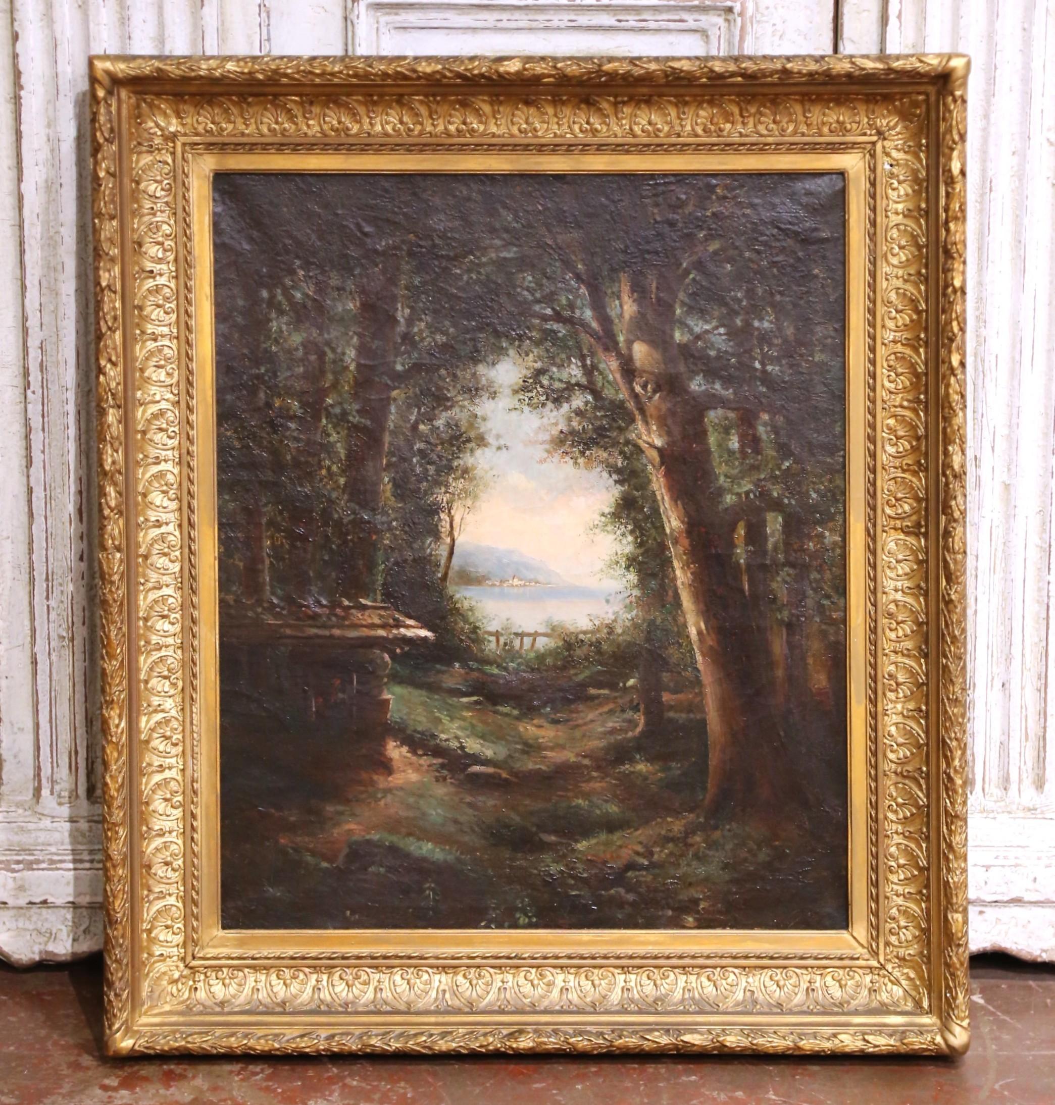 19. Jh. Französische Schule von Barbizon Öl auf Leinwand Landschaft in Giltwood Rahmen Signiert im Zustand „Hervorragend“ im Angebot in Dallas, TX