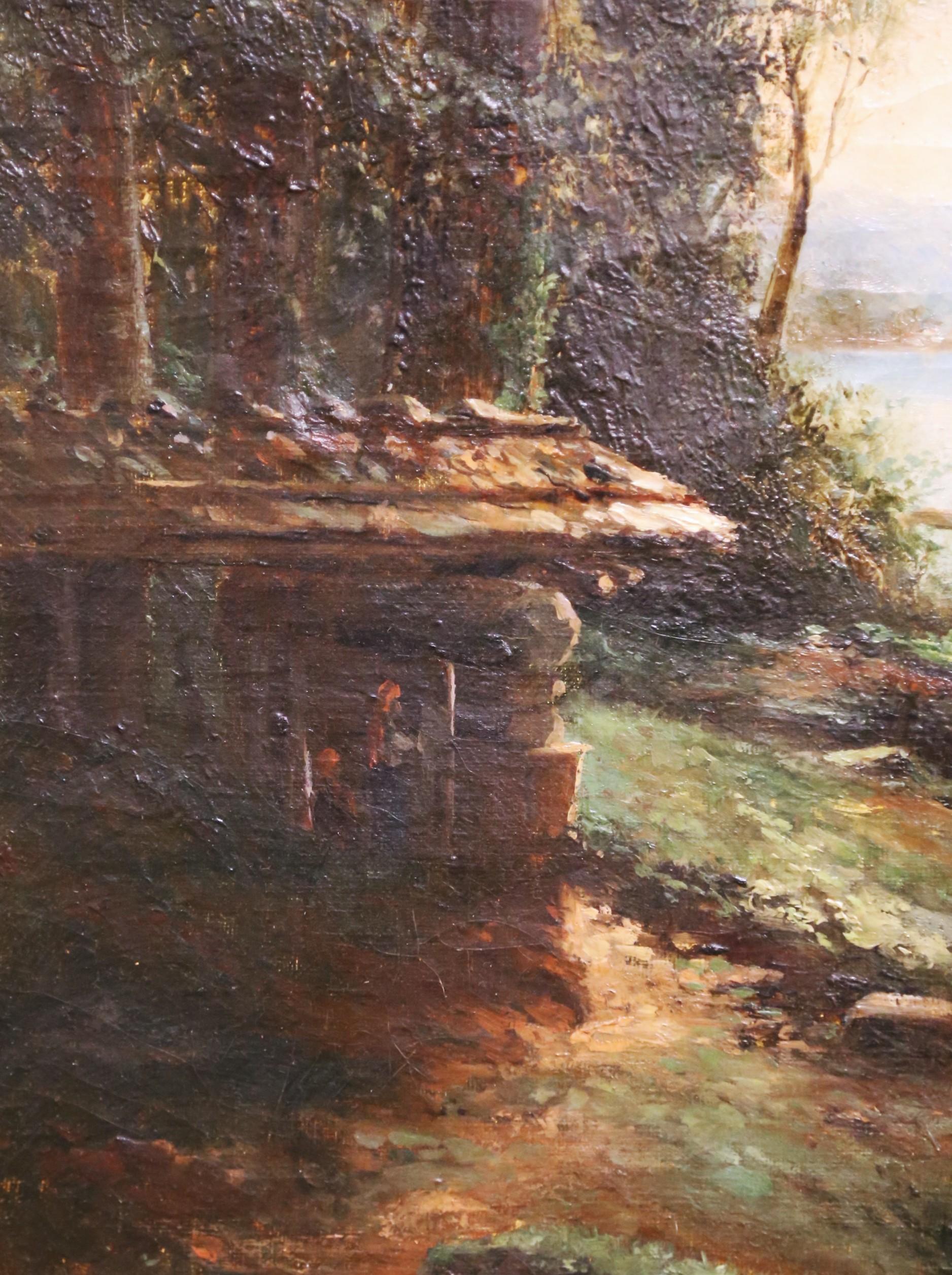 19. Jh. Französische Schule von Barbizon Öl auf Leinwand Landschaft in Giltwood Rahmen Signiert (19. Jahrhundert) im Angebot