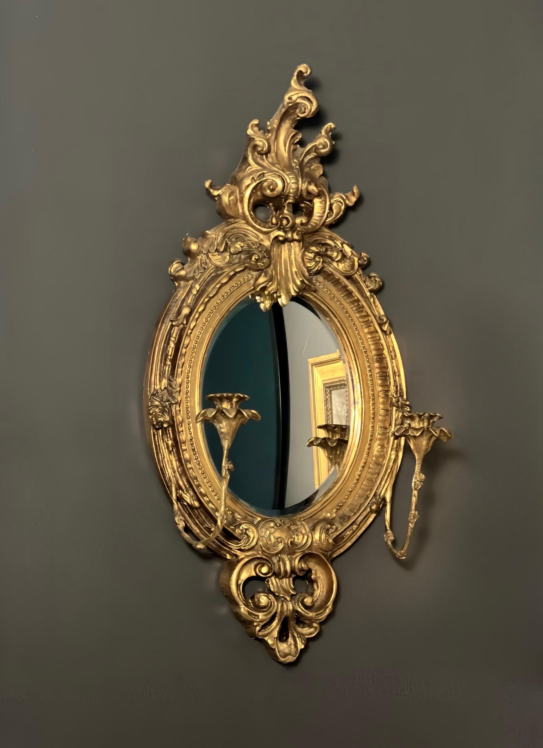 19th C. French Baroque Carved Gilt Girandole Oval Sconce Mirror with Candelabra For Sale 6