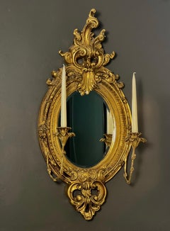 19th C. French Baroque Carved Gilt Girandole Oval Sconce Mirror with Candelabra