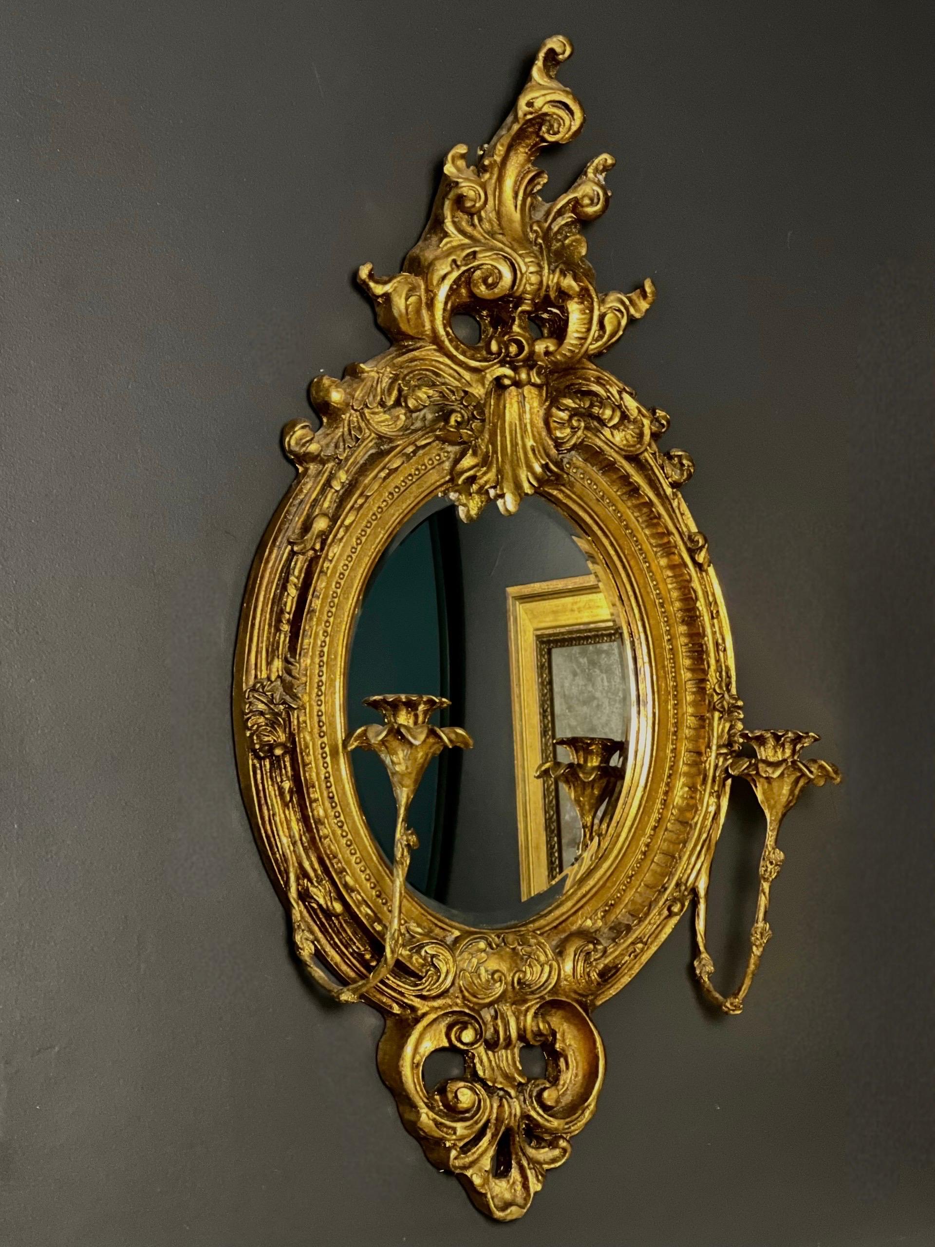 19th C. French Baroque Carved Gilt Girandole Oval Sconce Mirror with Candelabra In Good Condition For Sale In Doylestown, PA