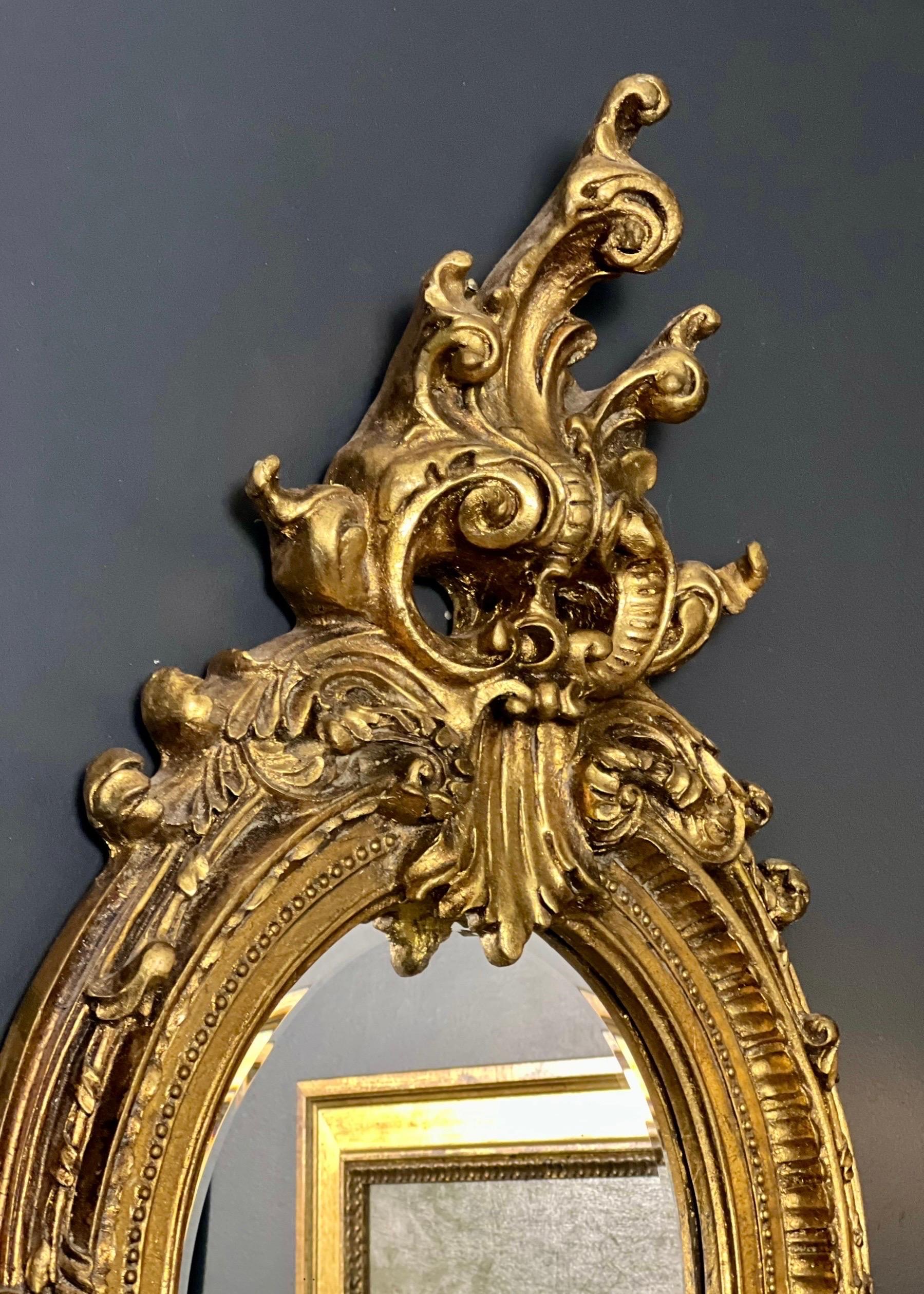 19th C. French Baroque Carved Gilt Girandole Oval Sconce Mirror with Candelabra For Sale 1