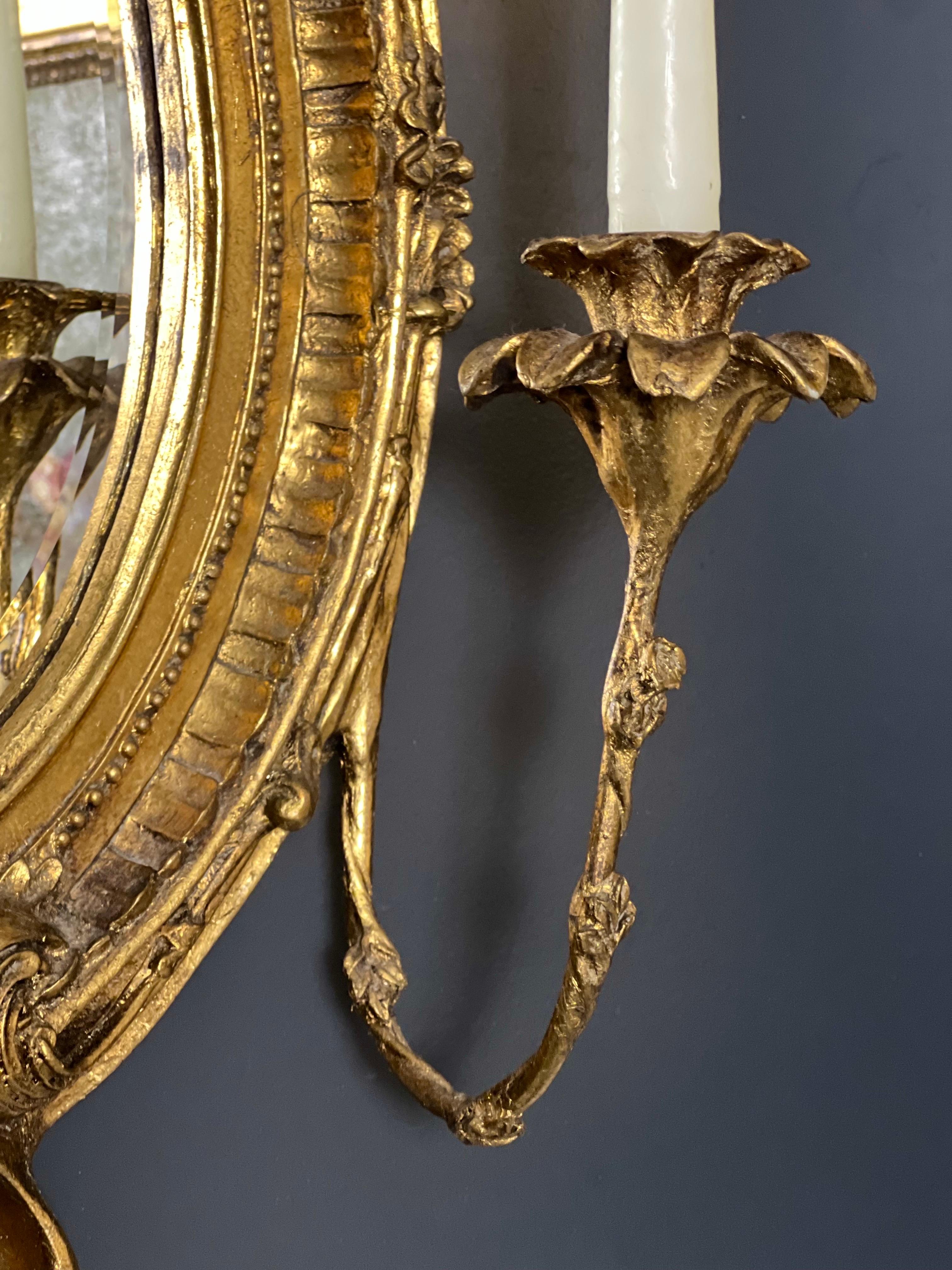 19th C. French Baroque Carved Gilt Girandole Oval Sconce Mirror with Candelabra For Sale 2