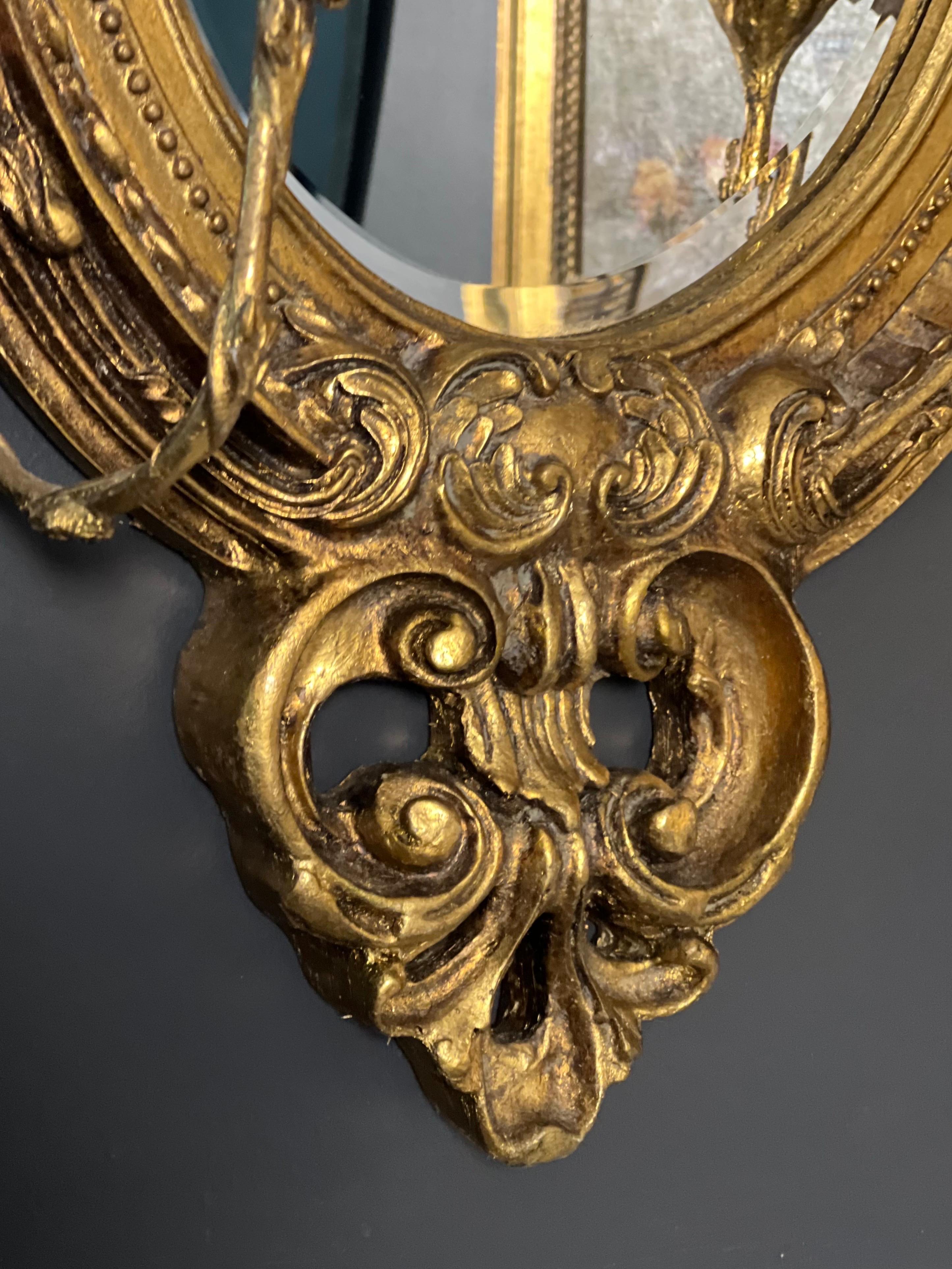 19th C. French Baroque Carved Gilt Girandole Oval Sconce Mirror with Candelabra For Sale 3