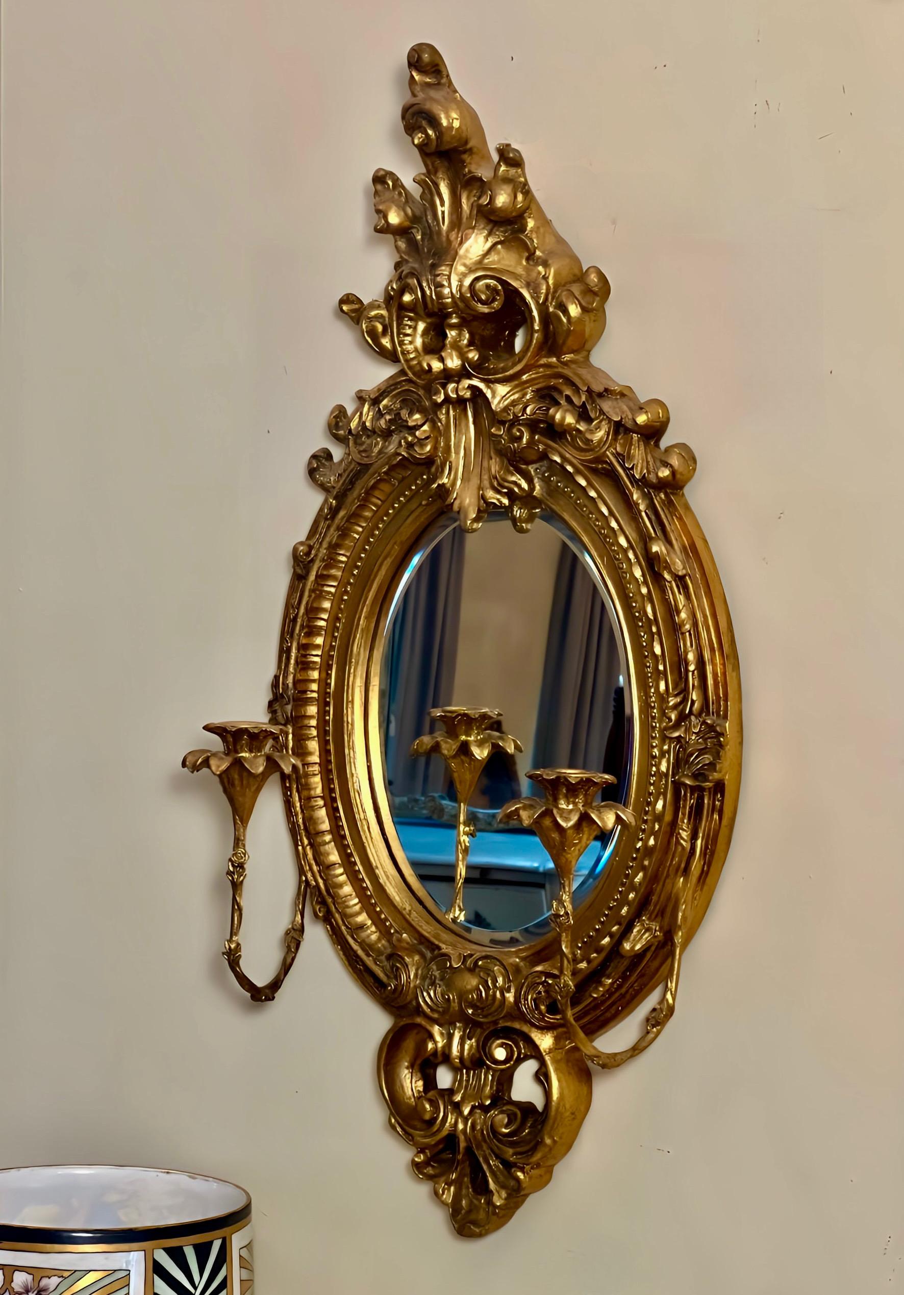 19th C. French Baroque Carved Gilt Girandole Oval Sconce Mirror with Candelabra For Sale 5