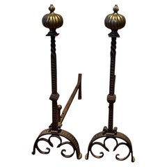 19th c. French Baroque Wrought Iron & Bronze Andirons With Gothic Tudor Arch