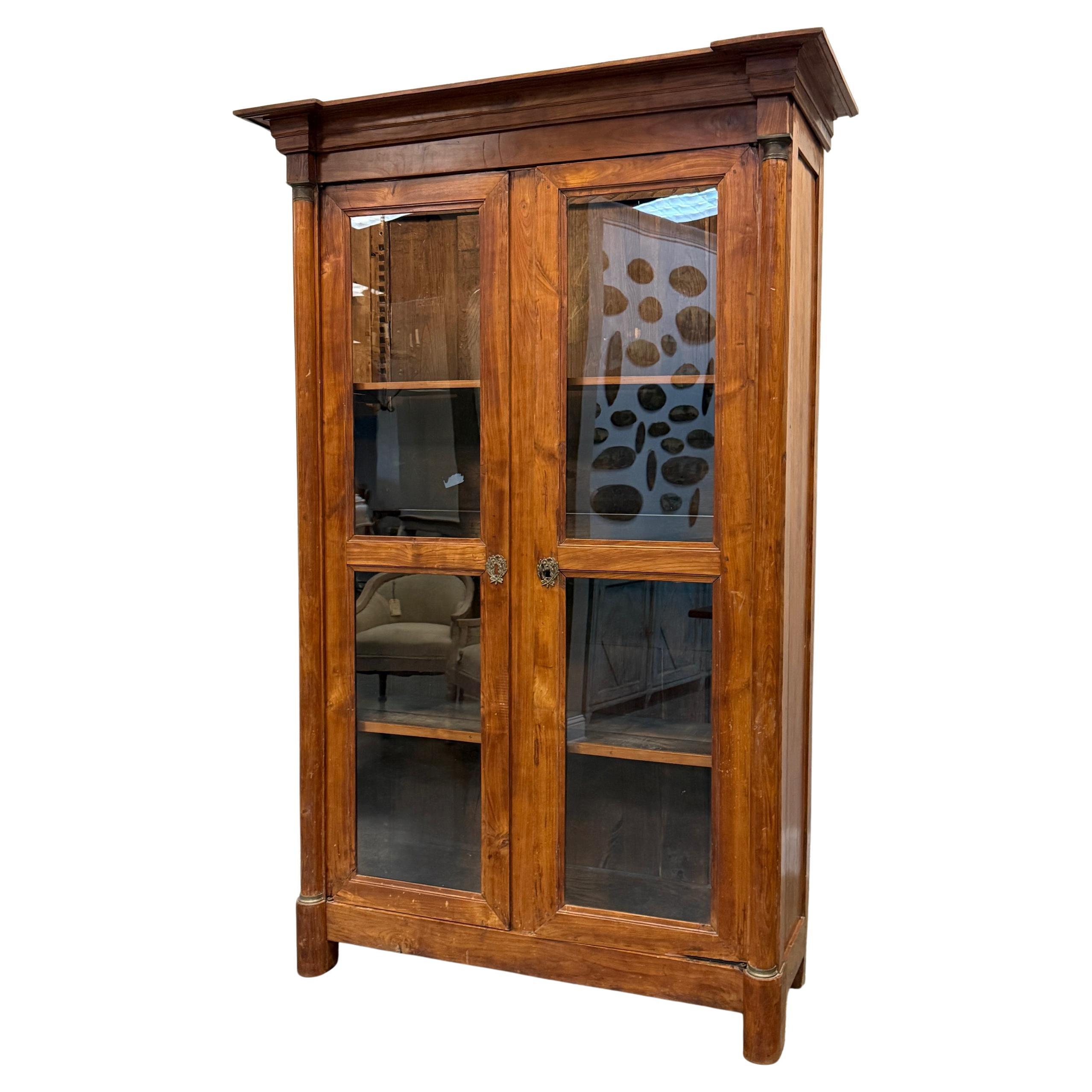 19th Century French Bibliotheque, Walnut Wood, Glass Doors, Circa 1870 For Sale