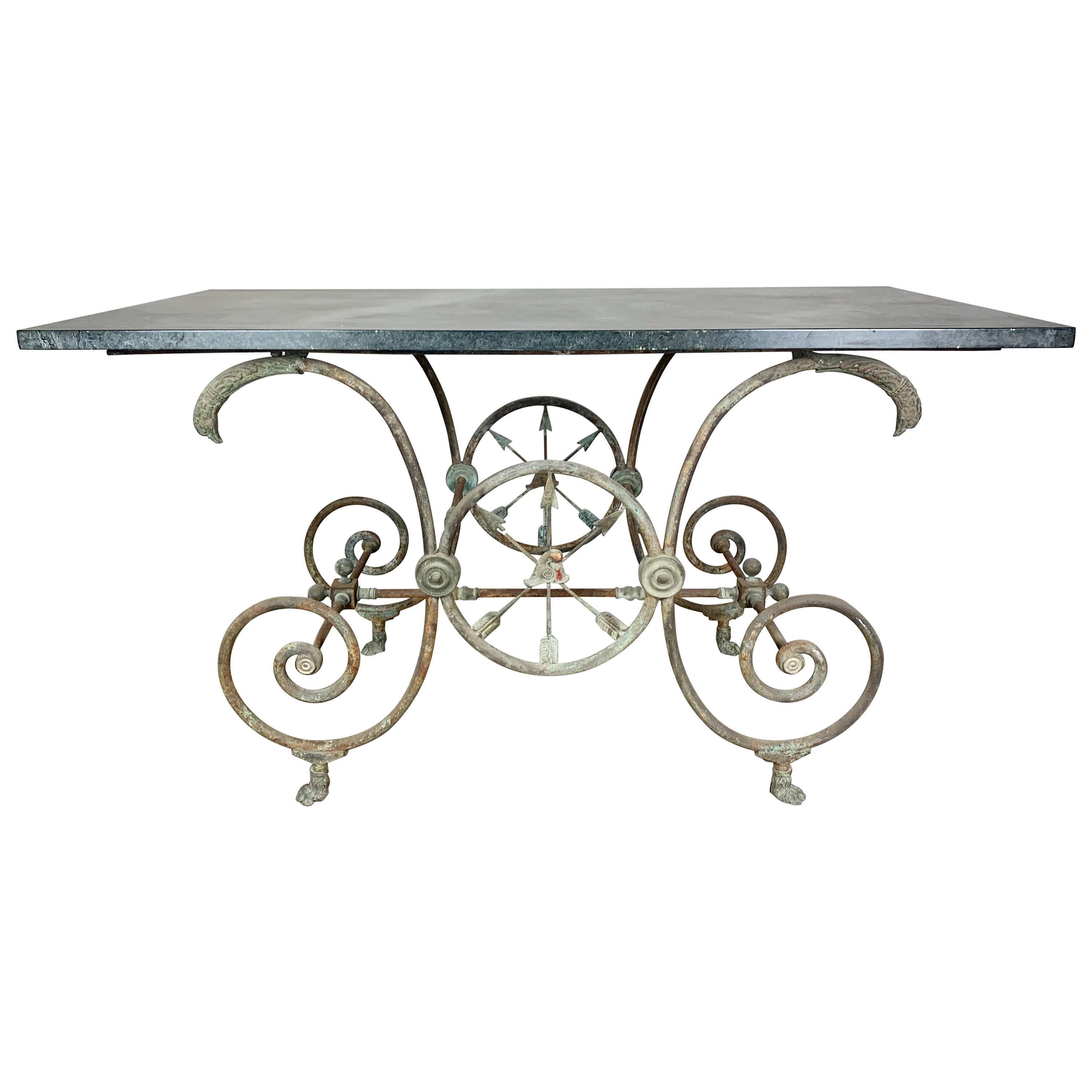 French Red Painted Bistro Table with White Marble Top, circa 1900 at