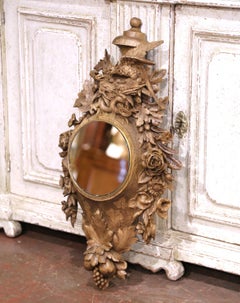 19th C. French Black Forest Carved Oak Mirror with Bronze Trim and Bird Motif