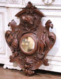 19th C. French Black Forest Carved Walnut Wall Hunting Panel with Center Mirror