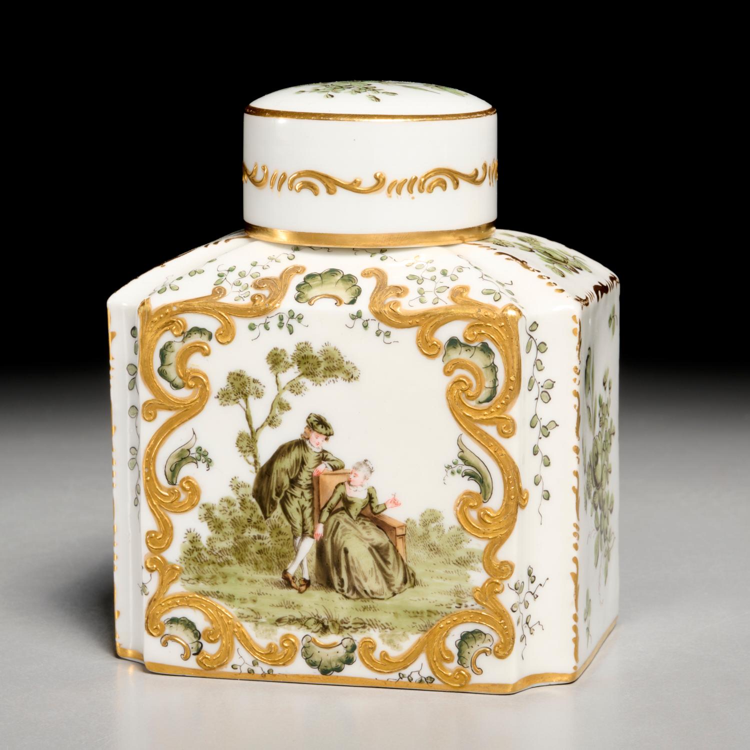 Mid-19th Century French Bloch & Bourdois Porcelain Tea Caddy with Gilt Rocaille Cartouches, Ex-Christie’s

A refined mid-19th century French porcelain tea caddy, circa 1850–1870, by Bloch & Bourdois, exquisitely hand-painted with a romantic scene on