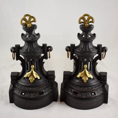 French Bronze and Cast Iron Second Empire Firedogs, Andirons or Chenets