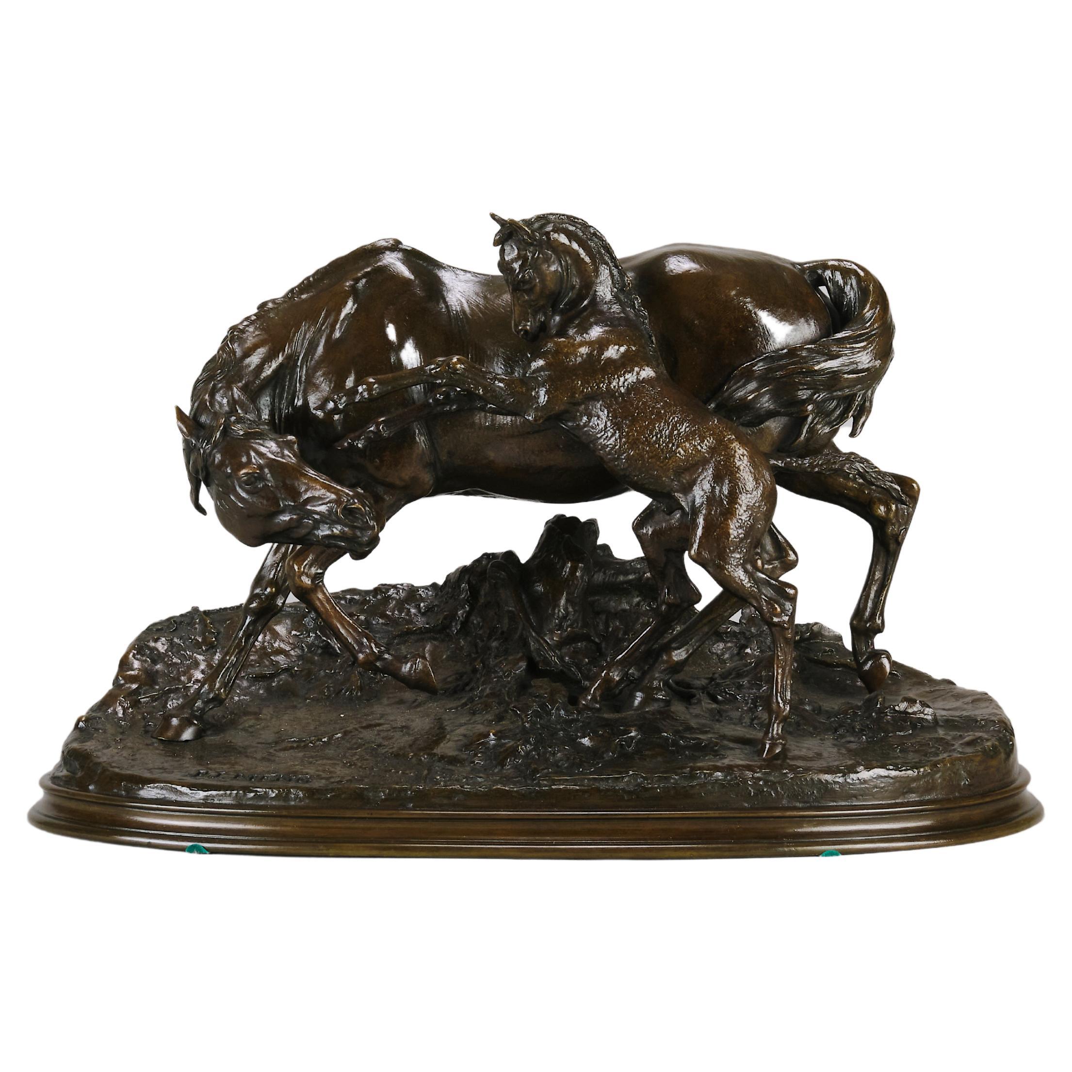 19th C French Bronze Entiled 'Jument Arabe Et Son Poulain No.1' by P J Mêne