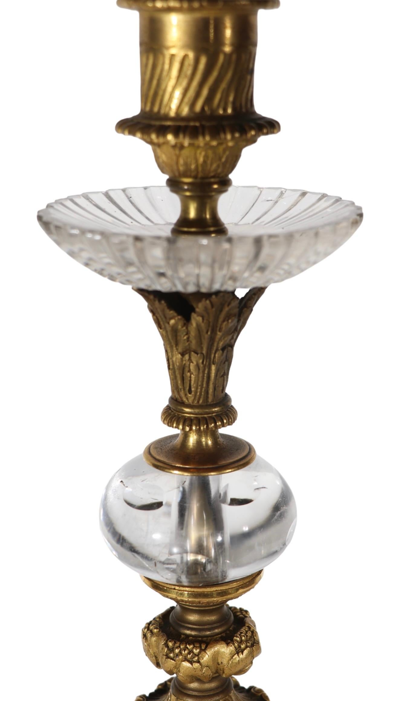 19th Century   19th C French Bronze Ormolu and Rock Crystal Candlestick Table Lamp as is For Sale