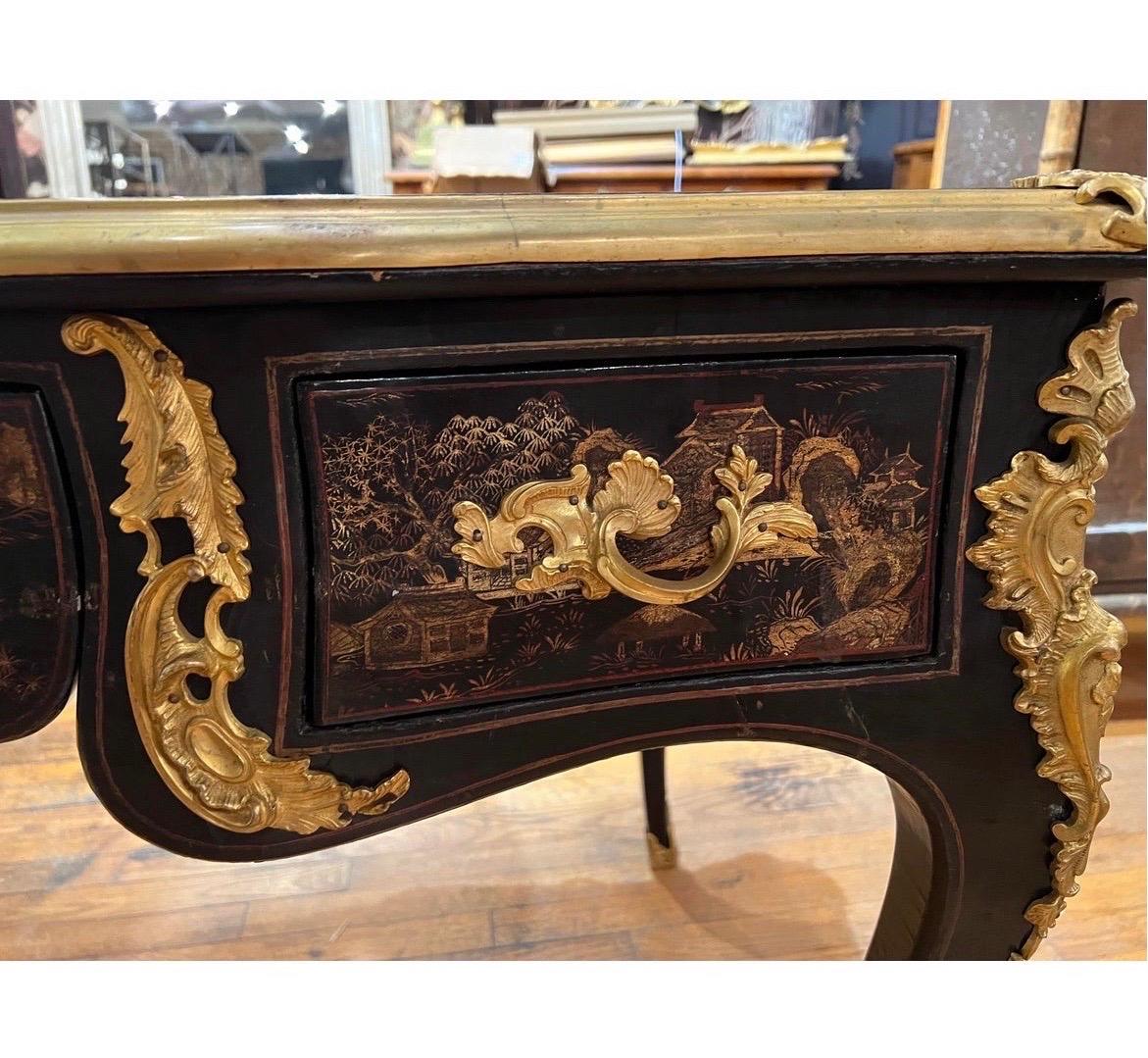 19th Century 19th C French Bronze Ormolu Mounted Black Chinoiserie Decorated Leather Top Desk