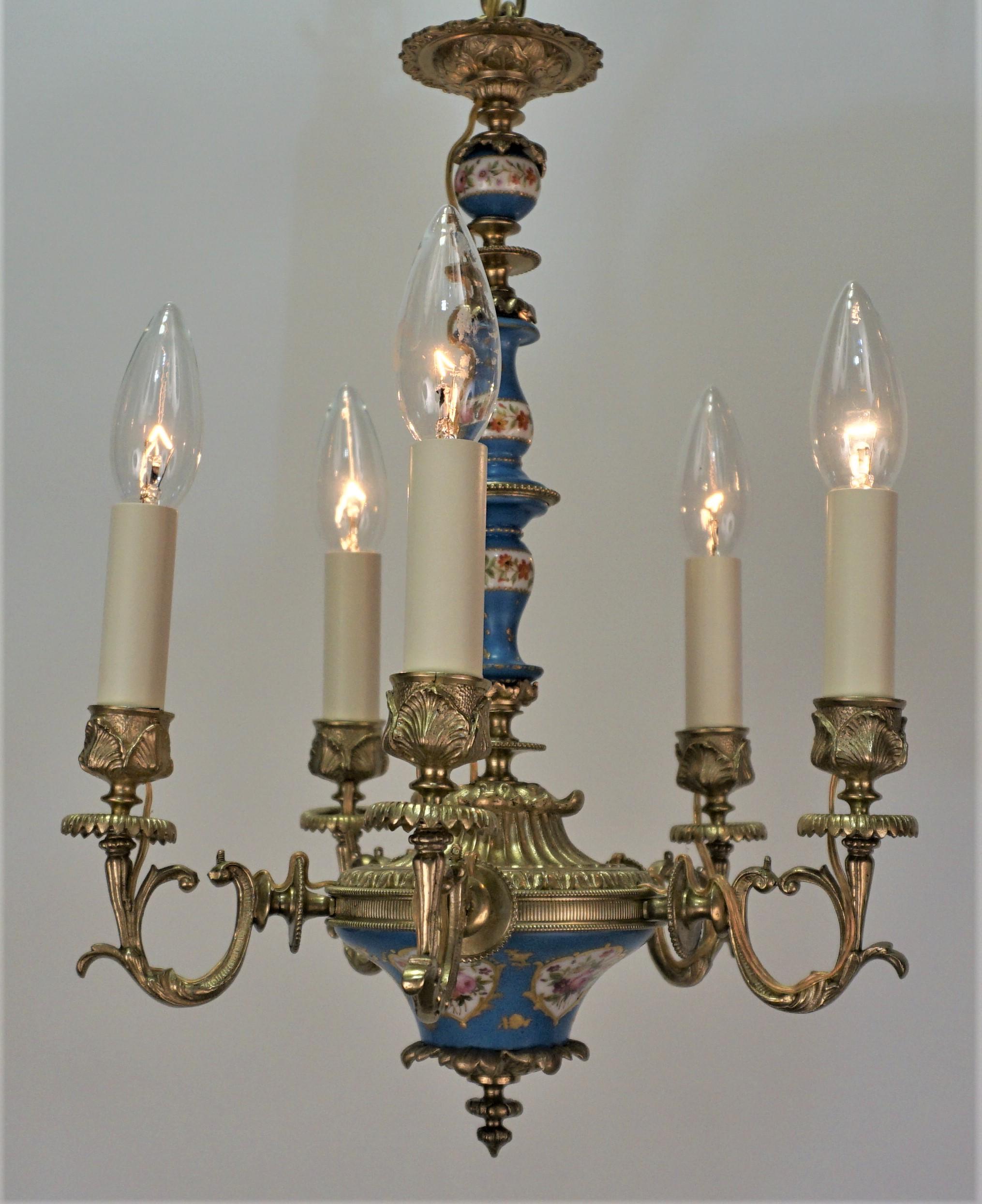 Electrified 19th century Sèvres Porcelain and bronze chandelier.
Minimum height fully installed is 19