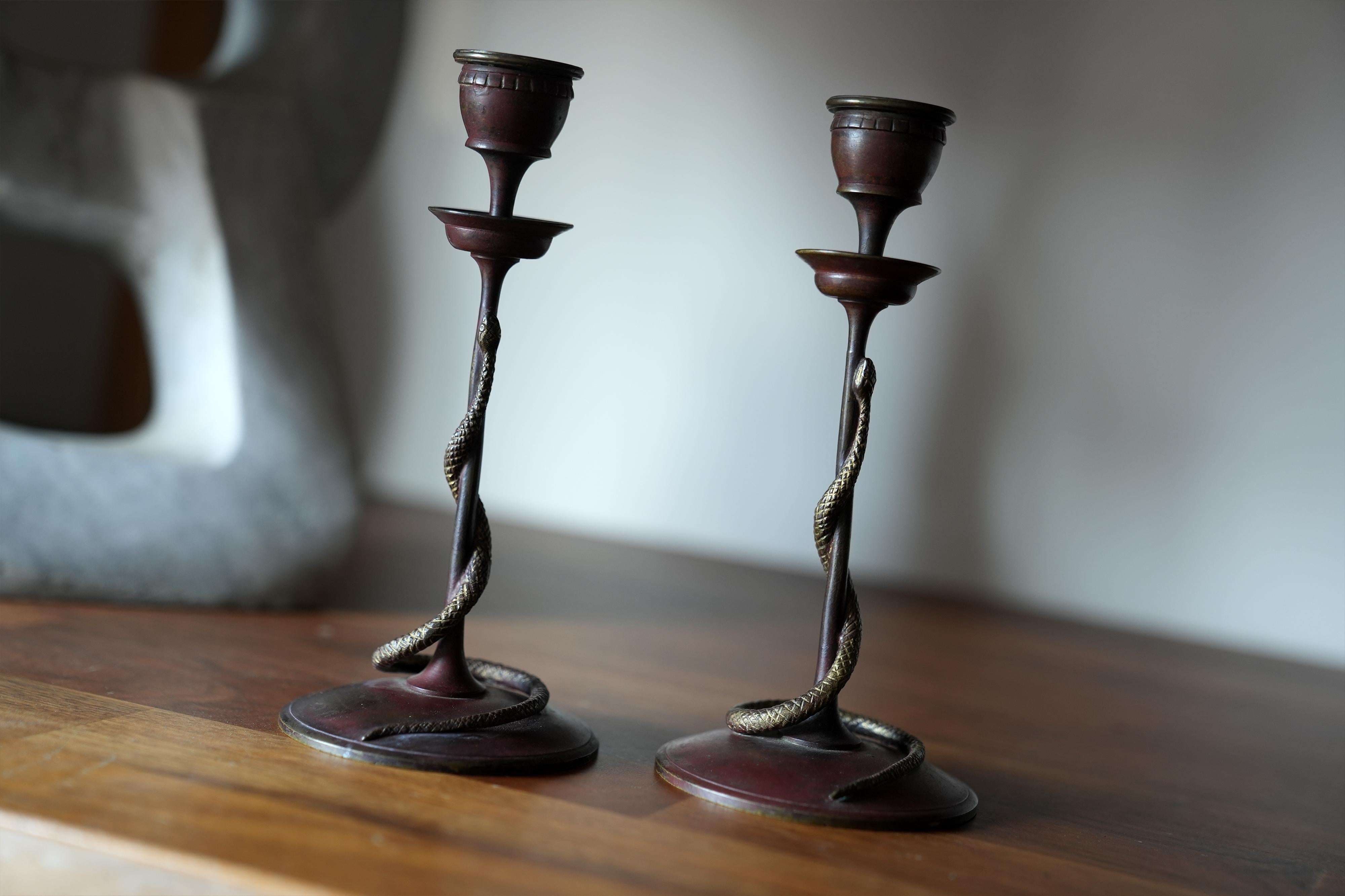 19th C French Bronze Snake Candlesticks In Fair Condition For Sale In Hudson, NY