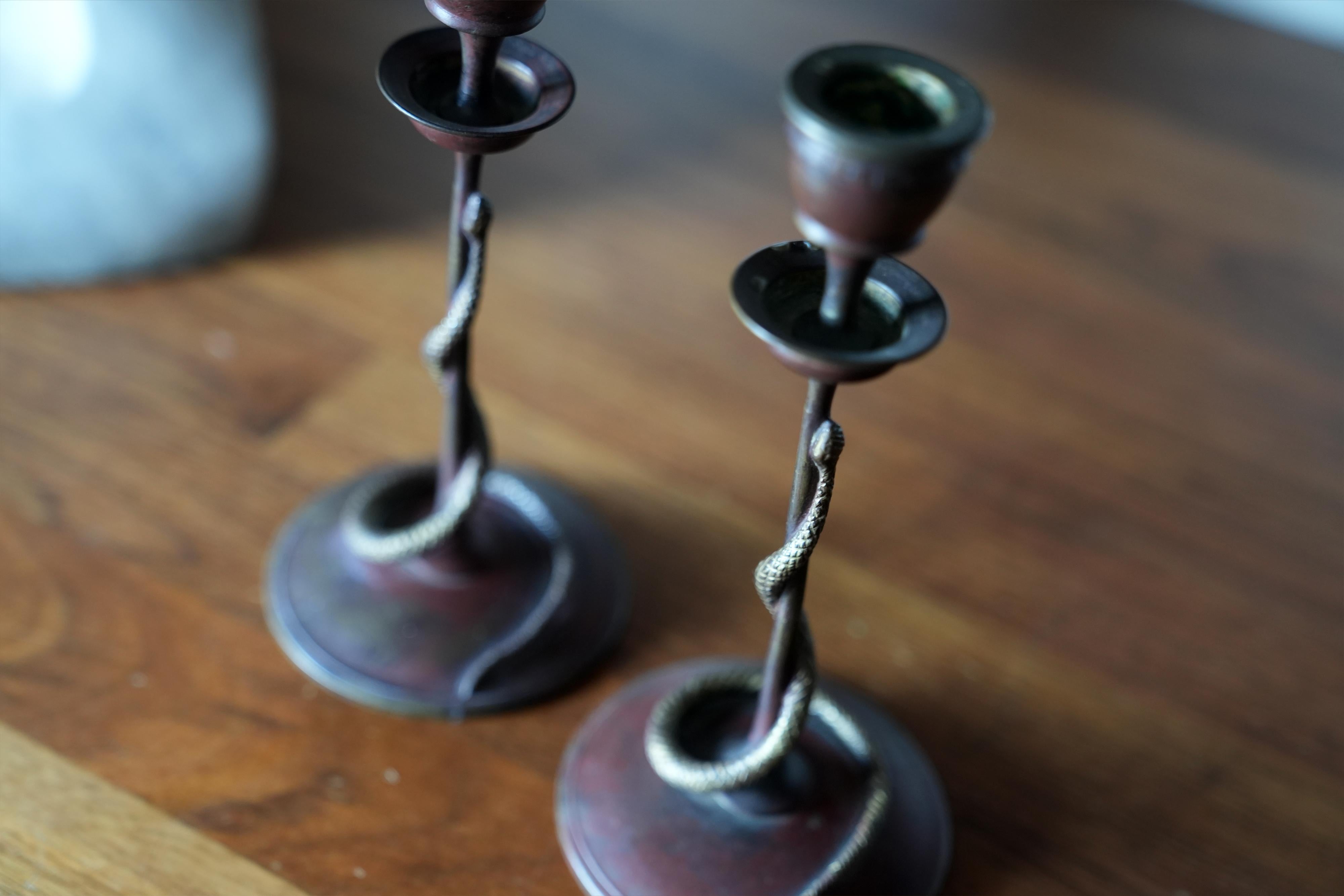 19th Century 19th C French Bronze Snake Candlesticks For Sale
