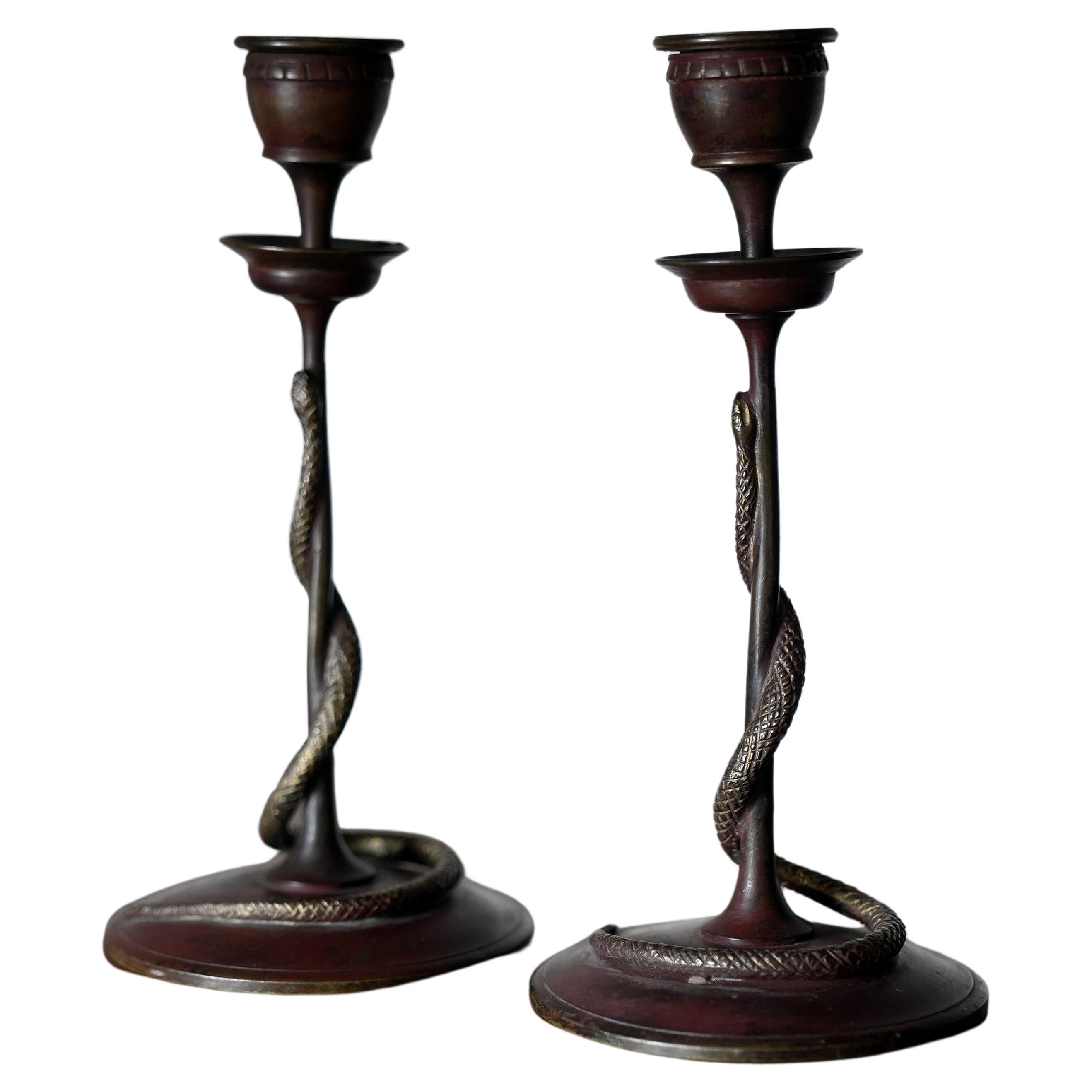 19th C French Bronze Snake Candlesticks For Sale