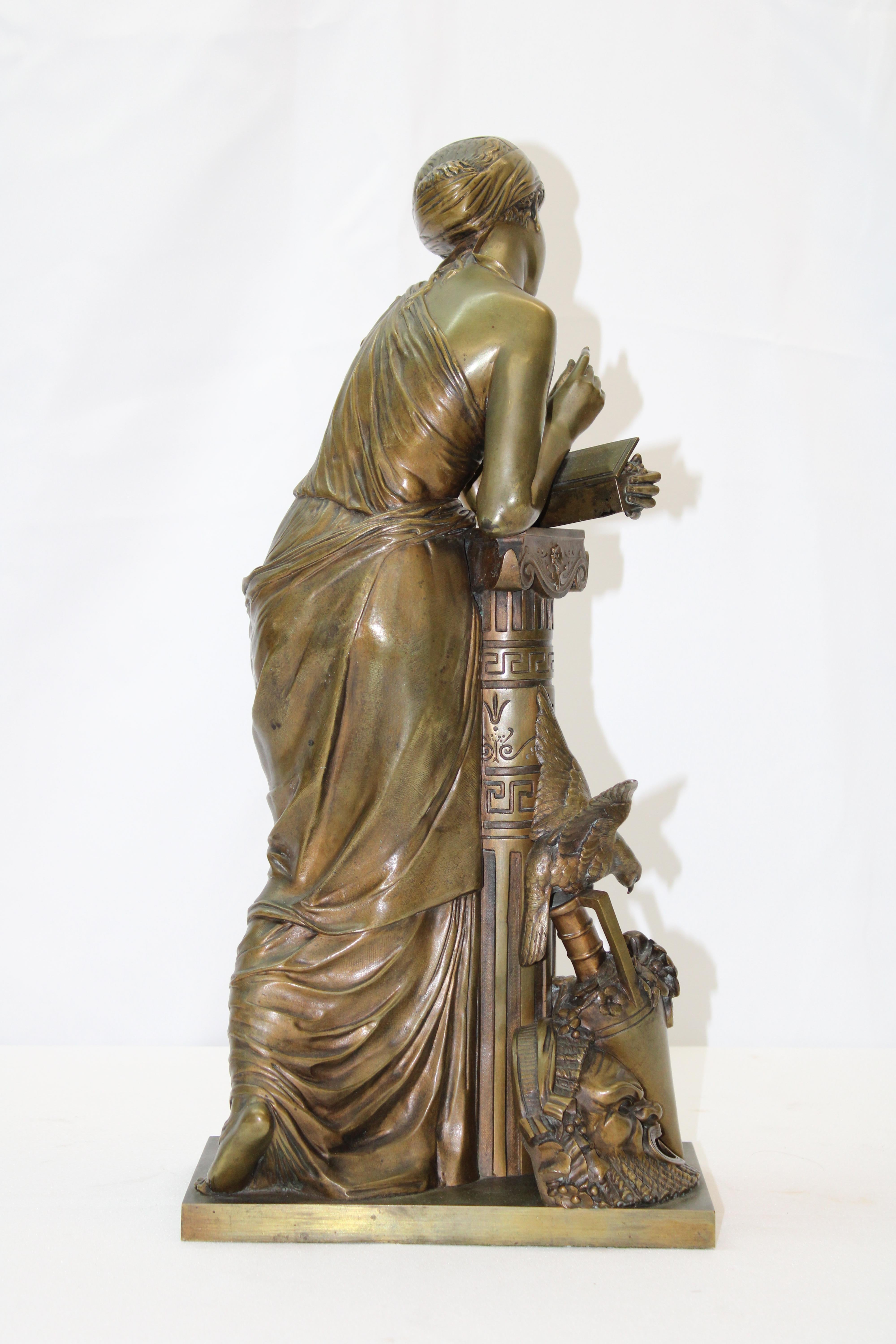 Embossed 19th-c. French Bronze Woman Leaning on Column For Sale