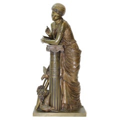 19th-c. Bronze-Frau, die auf eine Säule lehnt, aus Frankreich