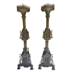 19th C. French Bronzed Zinc Gothic Architectural Pricket Altar Candlesticks