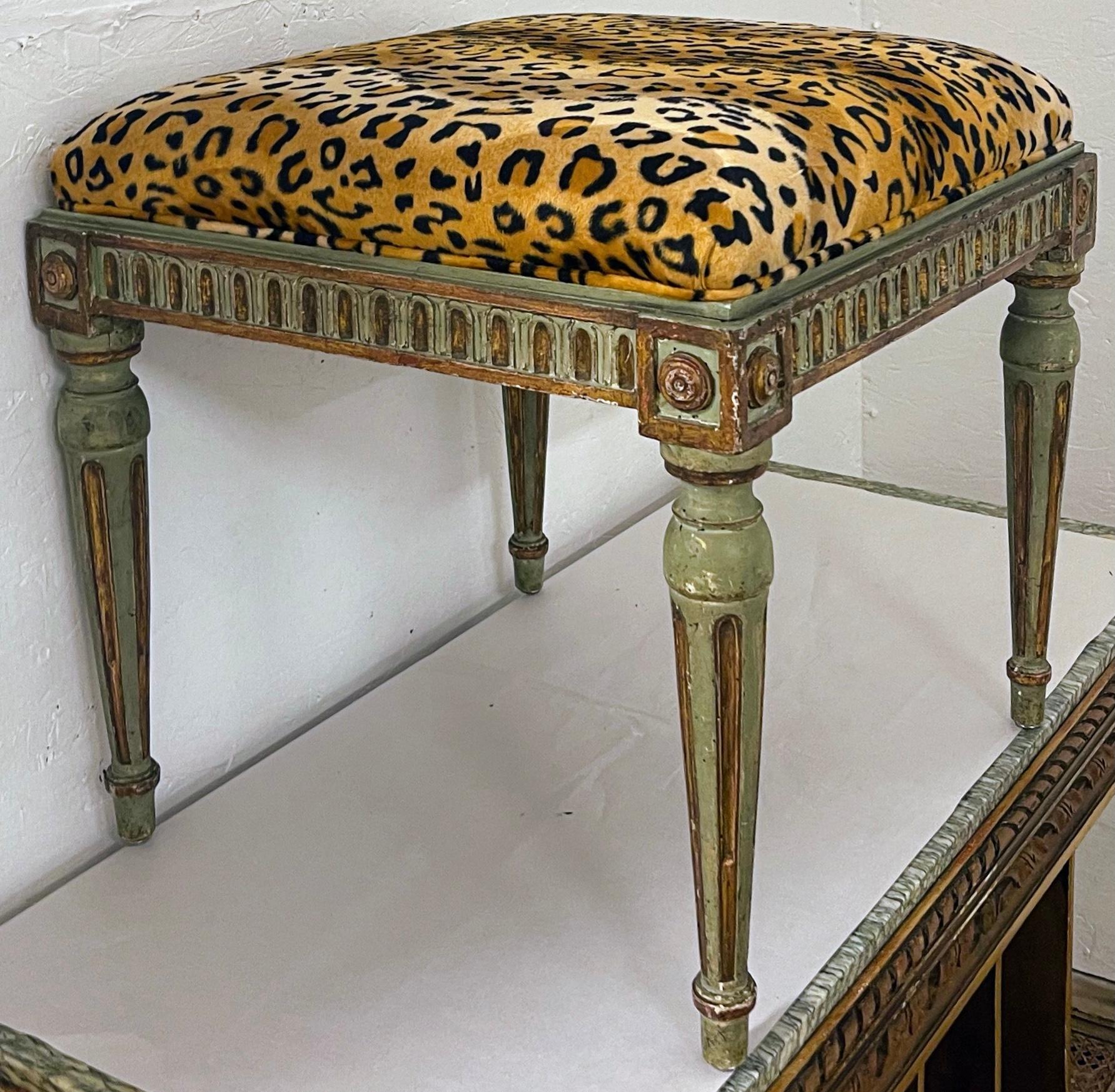 Louis XVI 19th-C. French Carved and Green Painted Ottoman / Stool in Leopard Velvet