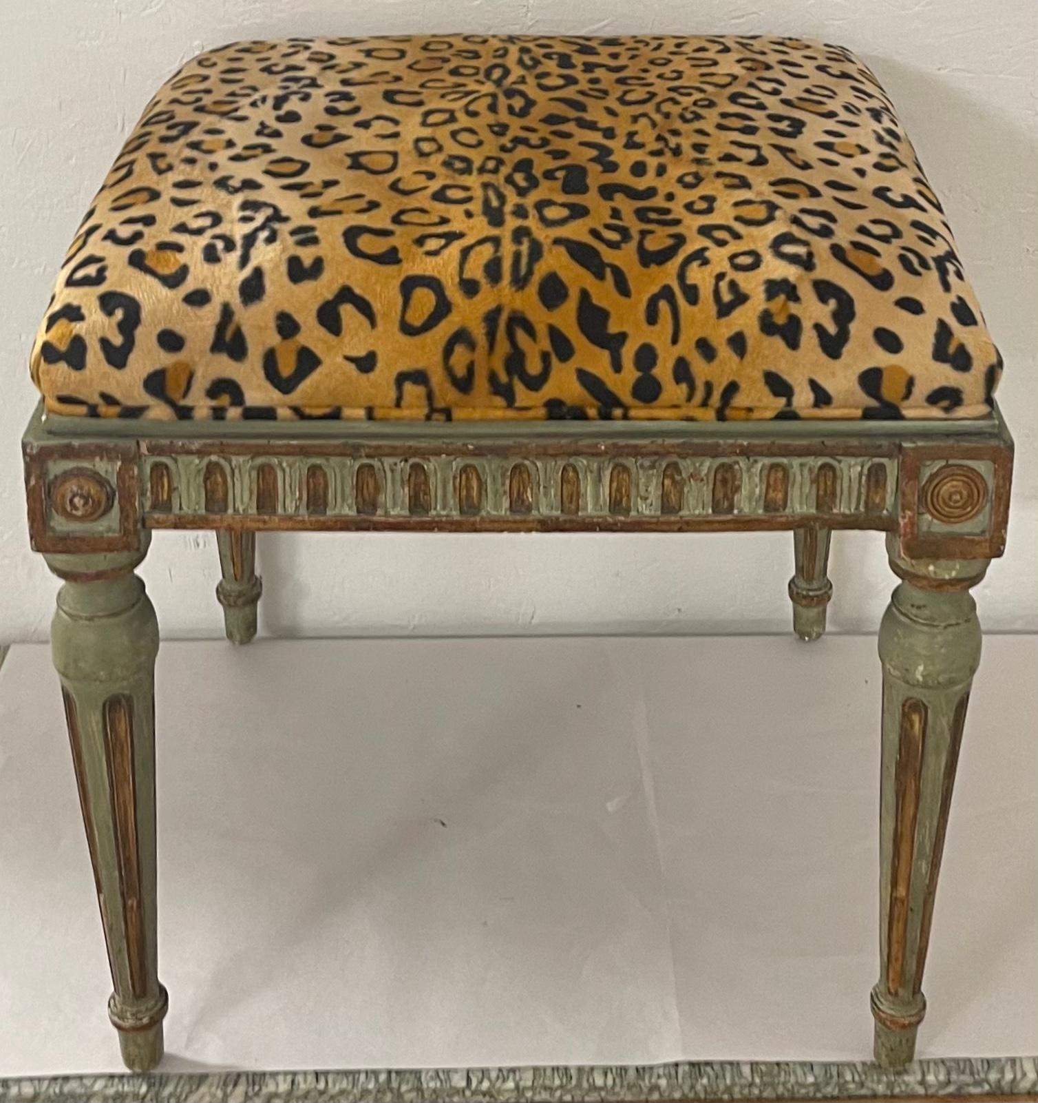 19th-C. French Carved and Green Painted Ottoman / Stool in Leopard Velvet In Good Condition In Kennesaw, GA