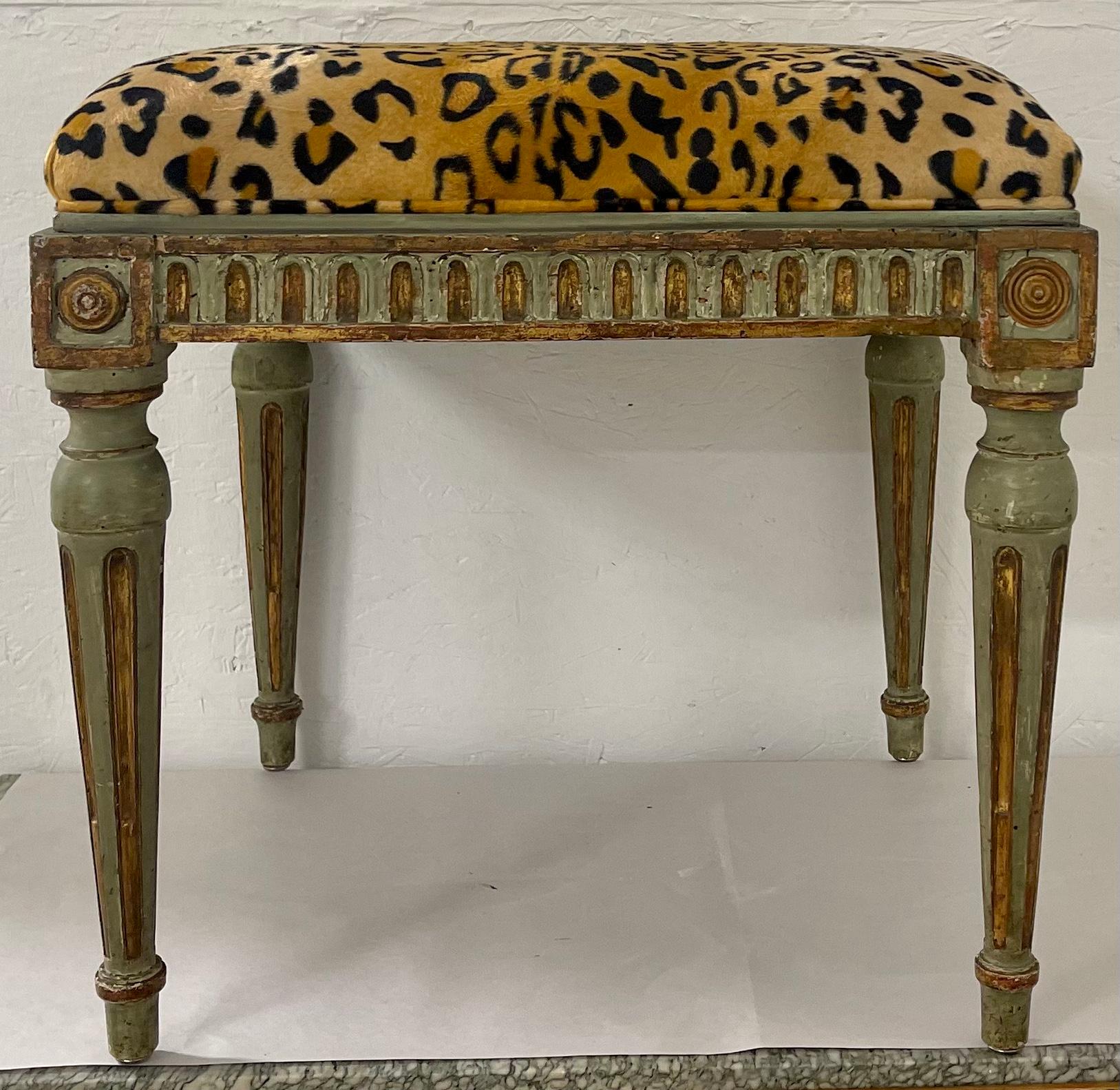 19th Century 19th-C. French Carved and Green Painted Ottoman / Stool in Leopard Velvet