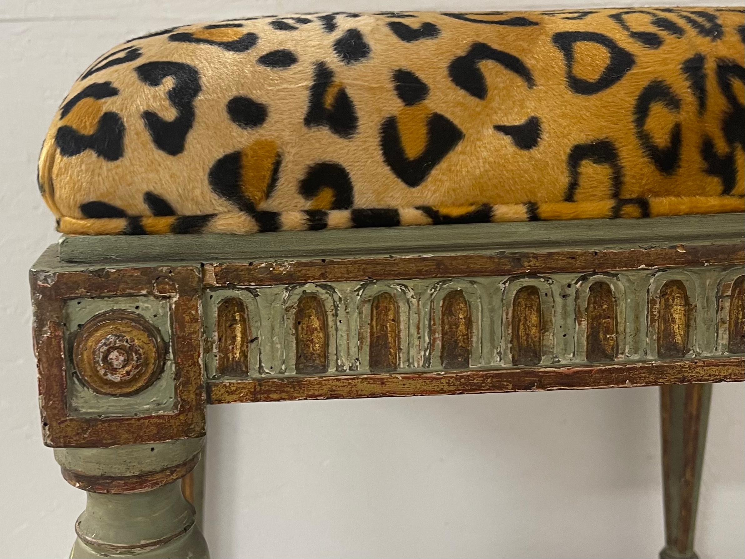 19th-C. French Carved and Green Painted Ottoman / Stool in Leopard Velvet 1