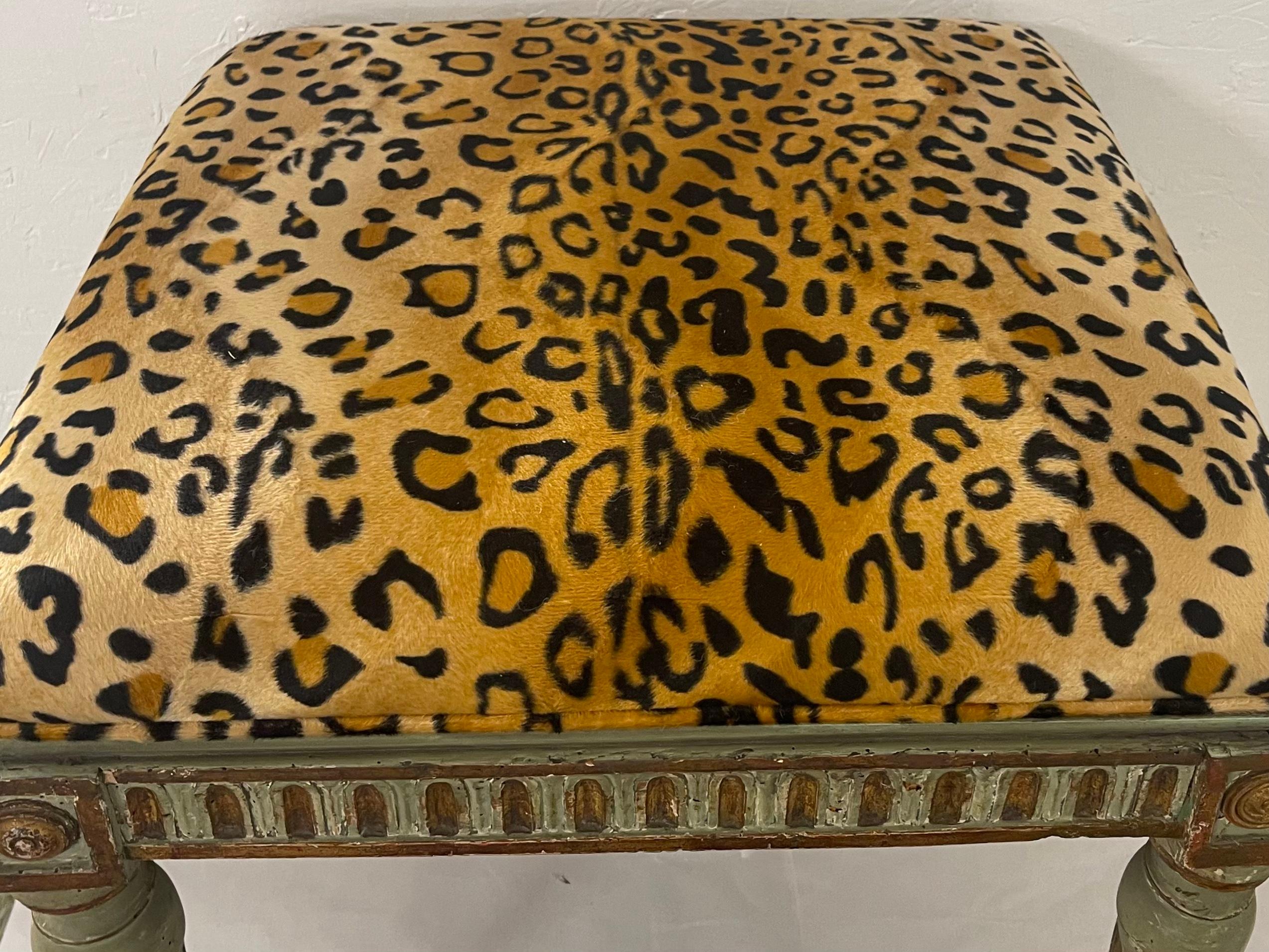 19th-C. French Carved and Green Painted Ottoman / Stool in Leopard Velvet 2