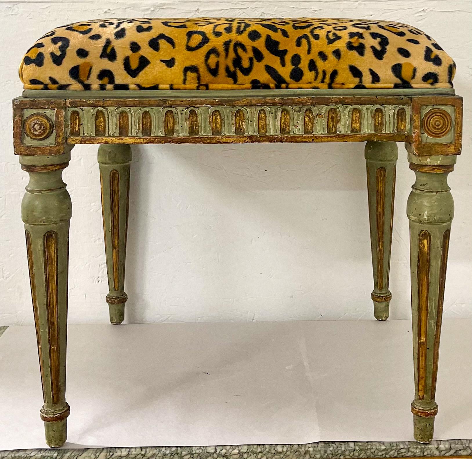 19th-C. French Carved and Green Painted Ottoman / Stool in Leopard Velvet 3