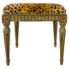 19th-C. French Carved and Green Painted Ottoman / Stool in Leopard Velvet