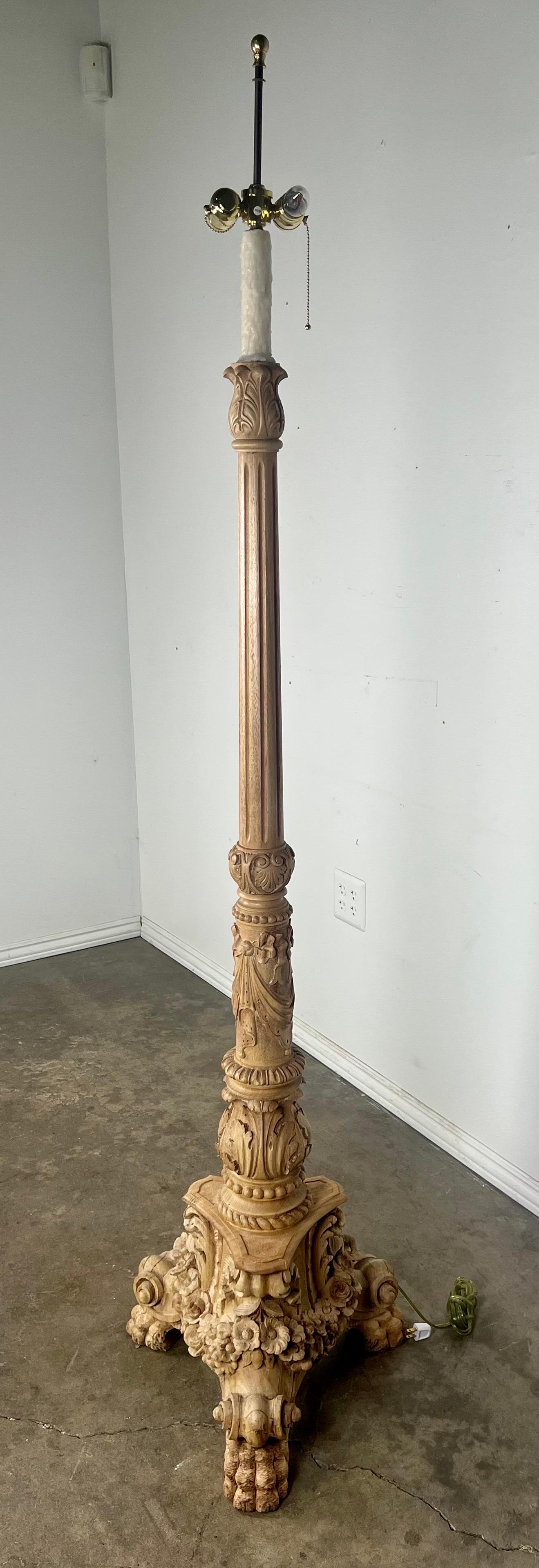 19th C. French Carved Beached Walnut Standing Lamp For Sale 5