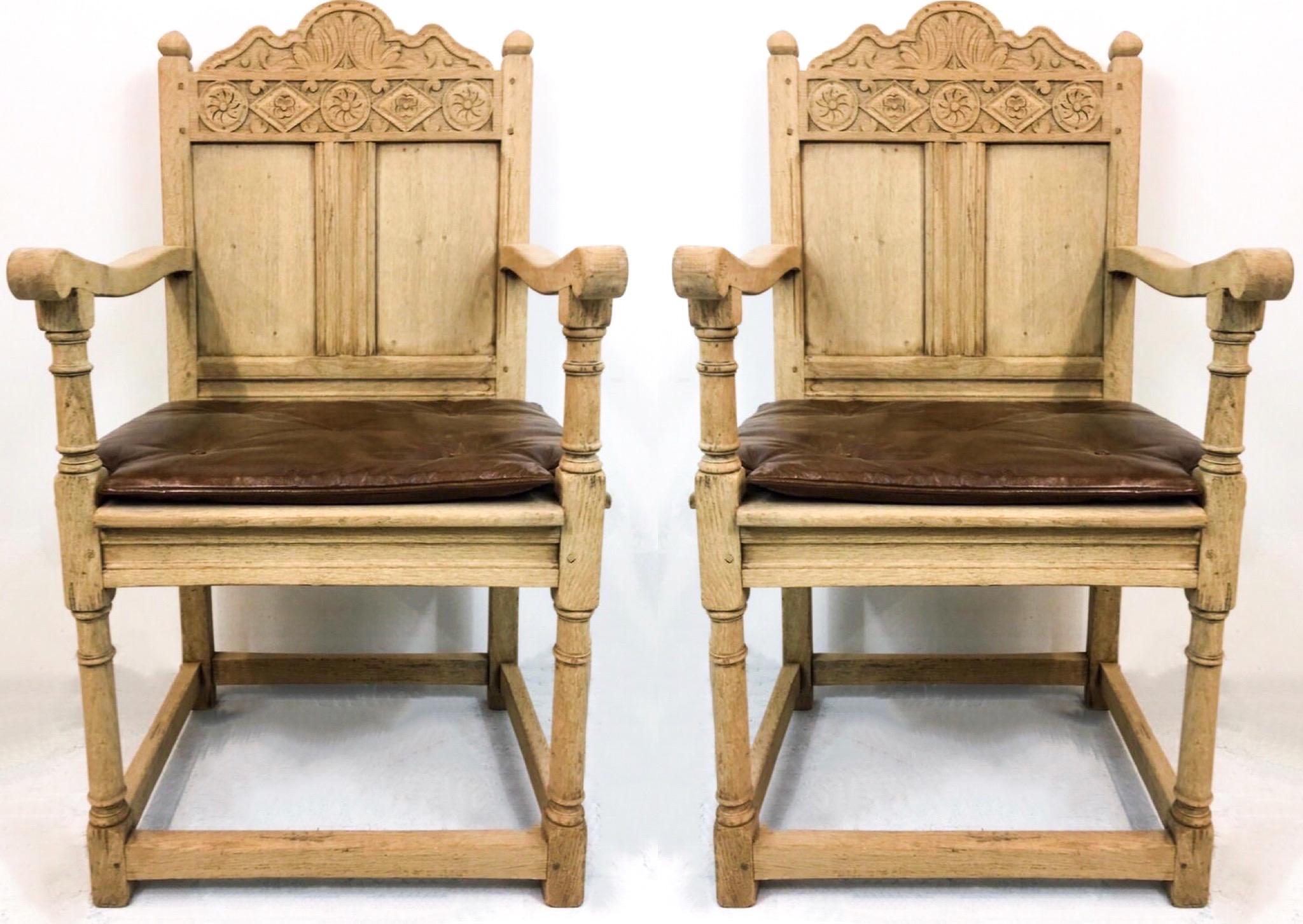 Leather 19th Century French Carved Bleached Oak Armchairs, a Pair