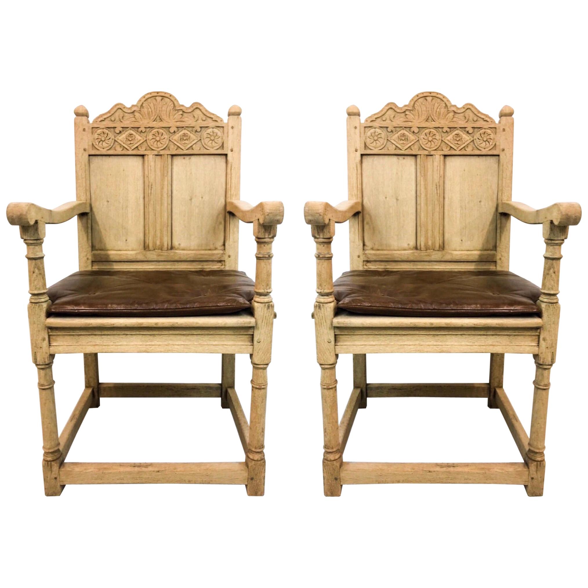 19th Century French Carved Bleached Oak Armchairs, a Pair