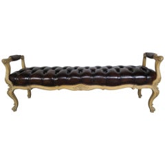 19th Century French Carved Leather Tufted Bench