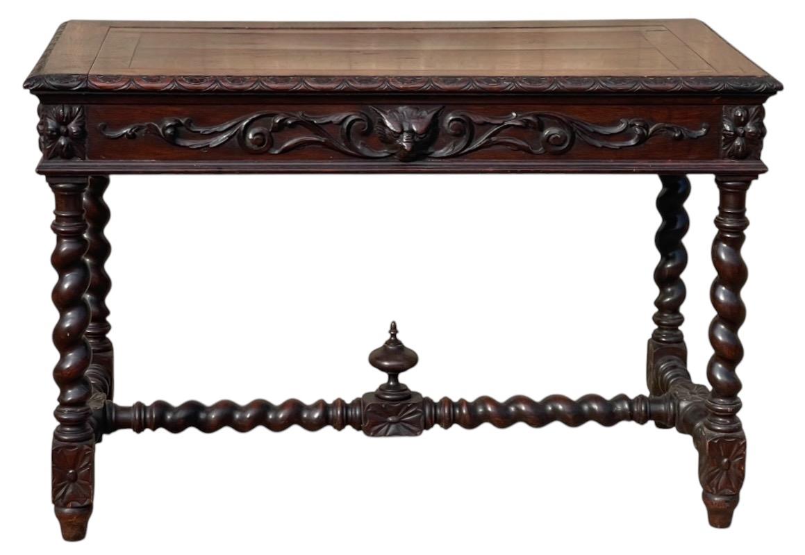 Vittoriano XIX sec. Scrivania/tavolo in Oak Oak Twist intagliato francese con piano di appoggio sollevabile in vendita