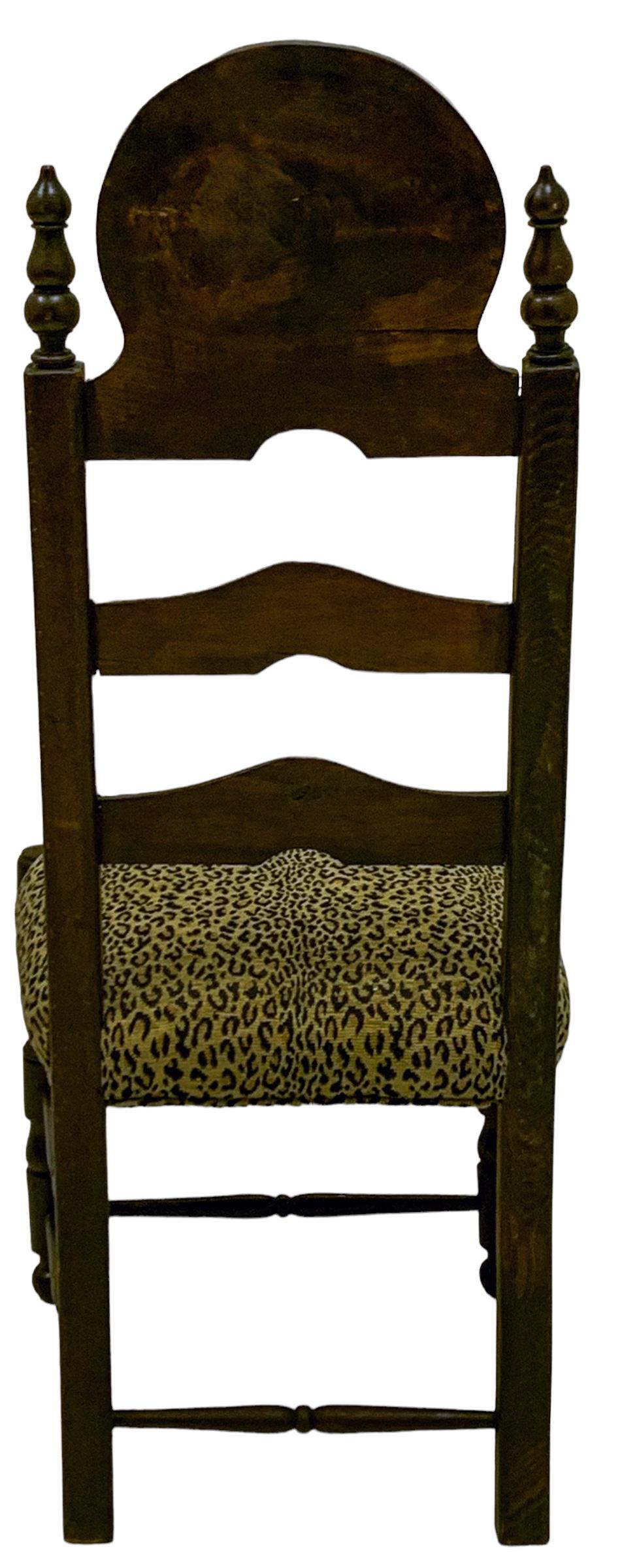 19th-C. French Carved Oak Ladder Back Side Chairs In Vintage Leopard - Pair In Good Condition For Sale In Kennesaw, GA