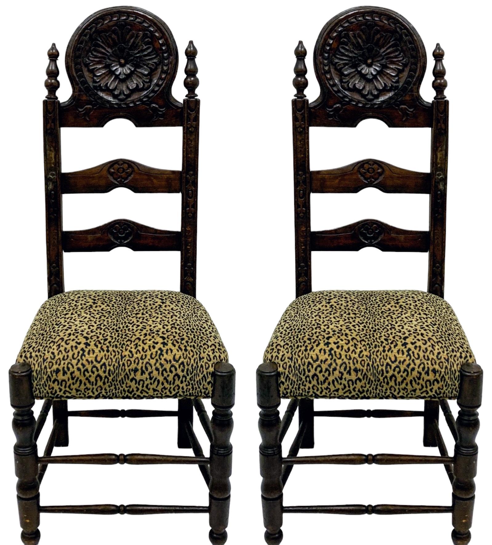 19th Century 19th-C. French Carved Oak Ladder Back Side Chairs In Vintage Leopard - Pair For Sale