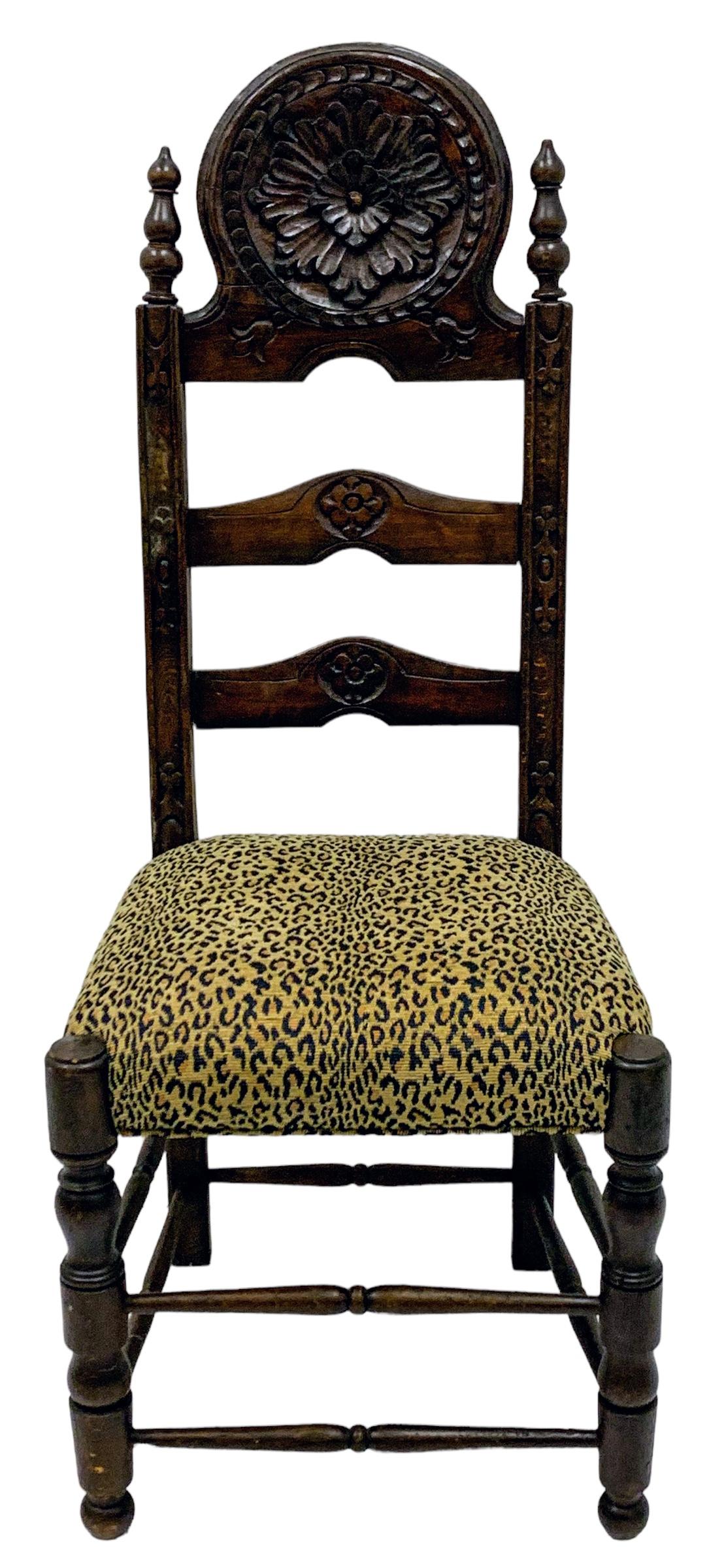 Upholstery 19th-C. French Carved Oak Ladder Back Side Chairs In Vintage Leopard - Pair For Sale