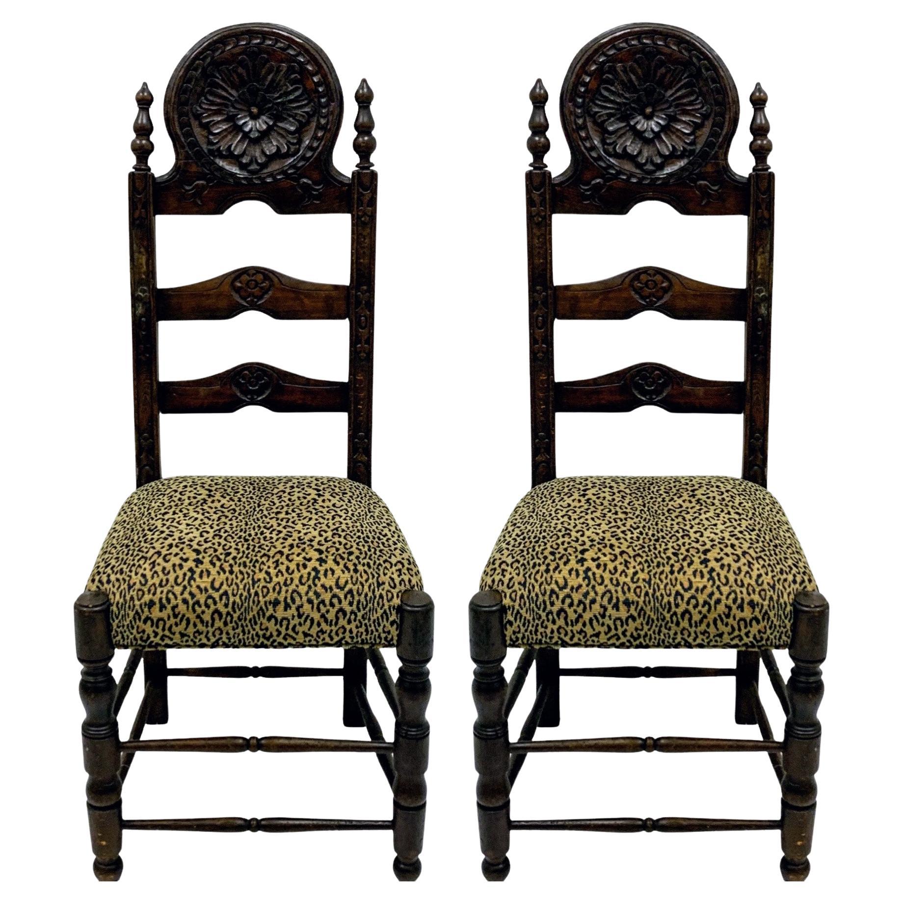 19th-C. French Carved Oak Ladder Back Side Chairs In Vintage Leopard - Pair For Sale